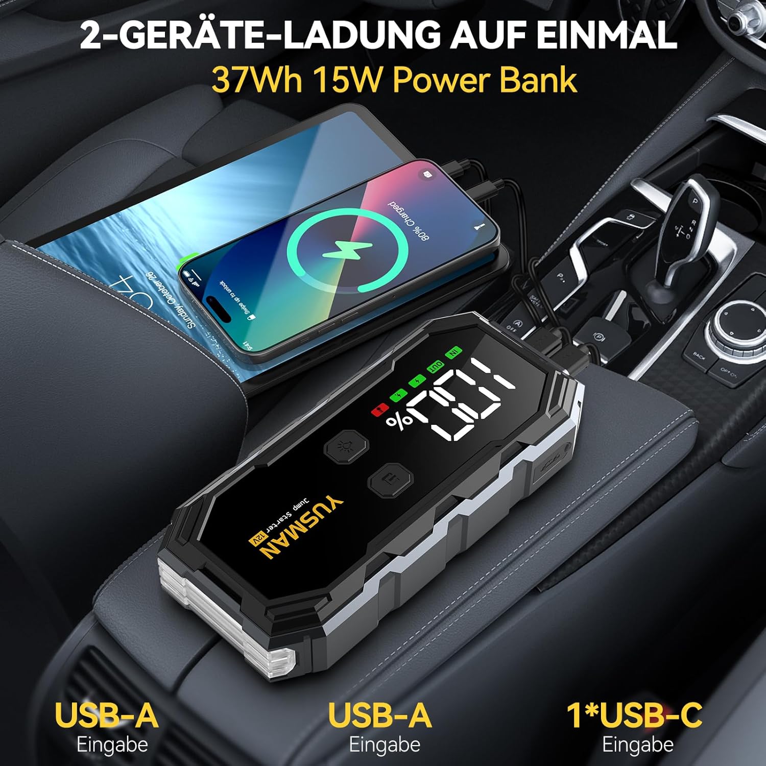 YUSMAN Starthilfe-Powerbank für Autos | 8000 A Autobatterie-Booster für alle Fahrzeuge und 10,0 l Diesel mit LED-Taschenlampe, großem Display und Starthilfekabel – ideal für SUVs, Motorräder, Rasenmäher – Bild 5