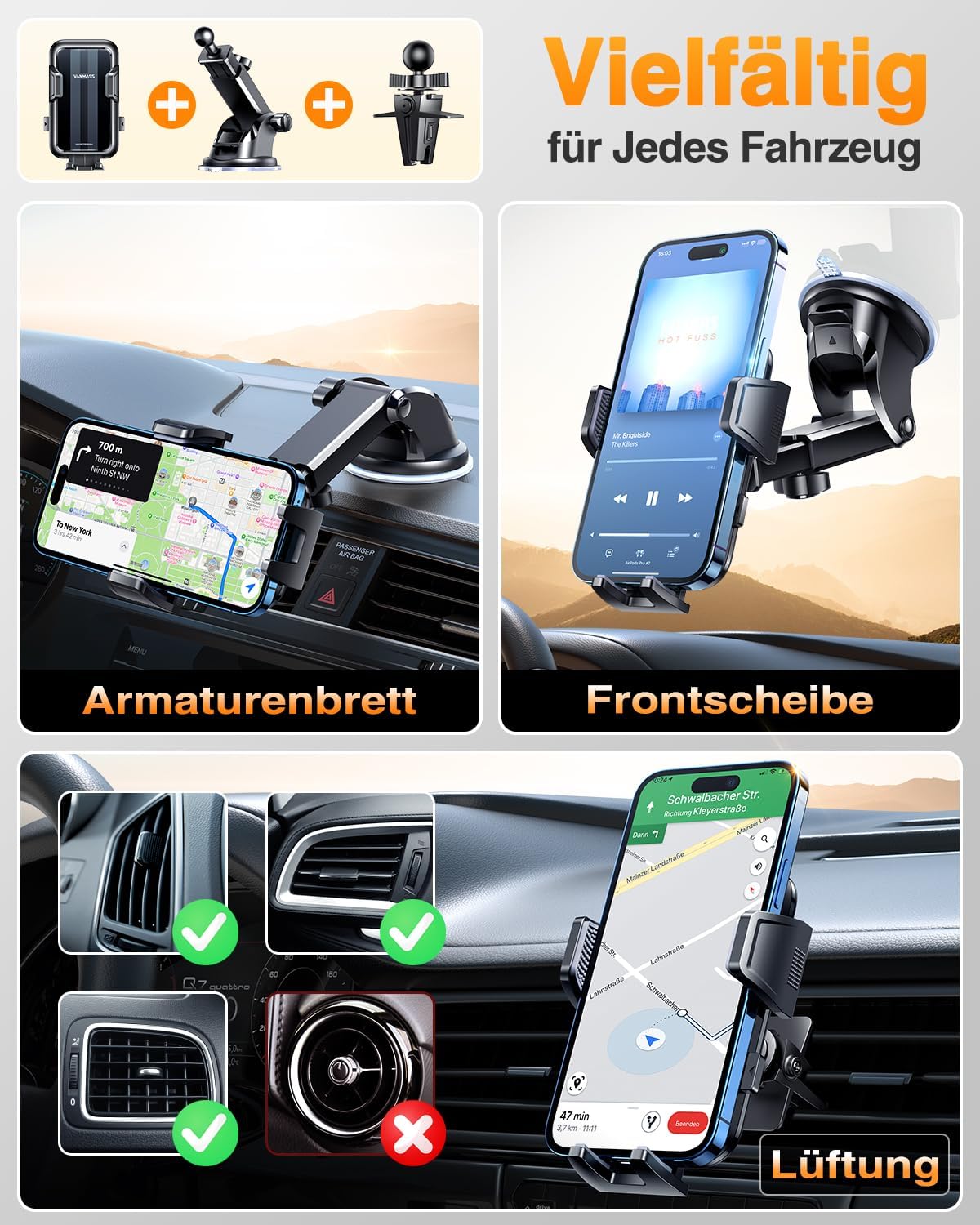 VANMASS 2026【Echte Militärklasse】Auto-Handyhalterung, Stärkster Saugnapf & Belüftungsclip, 4-in-1-Handyhalterung, Auto-Handyhalterung, 360° drehbare Autohalterung für iPhone 17 Pro Max/17 Air/16/15/14 Samsung S25 – Bild 7