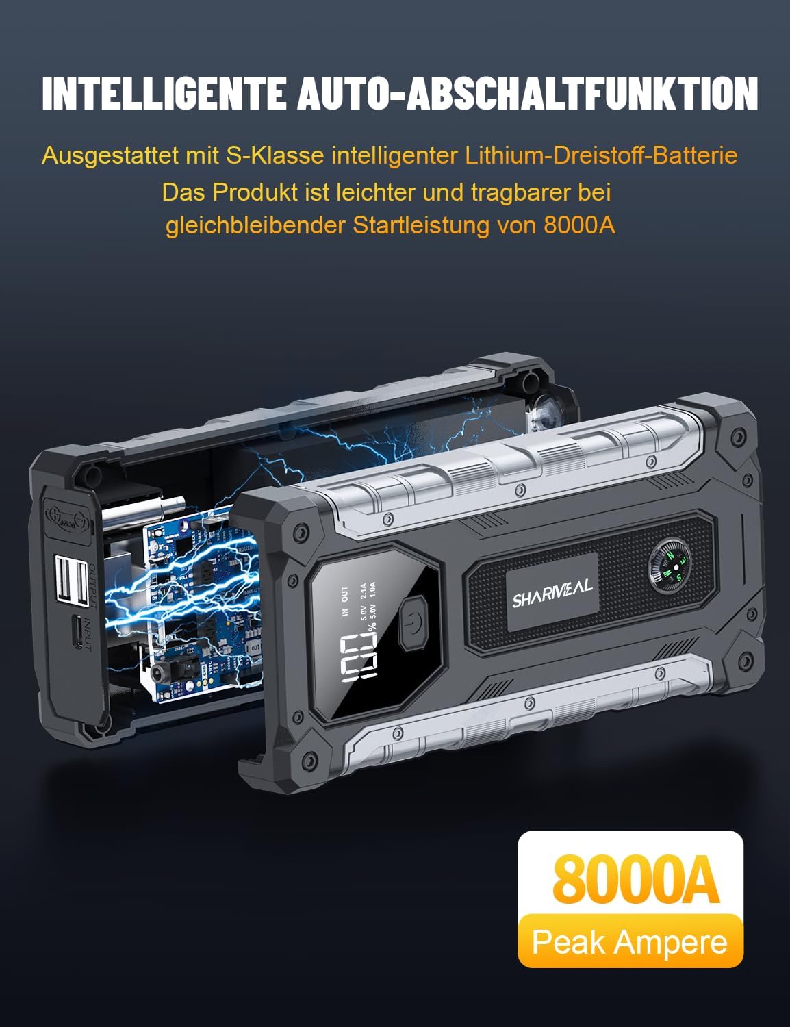SHARMEAL 8000 A Starthilfe-Powerbank für Autos, 12-V-Auto-Starthilfe-Powerbank (für alle Benzinmotoren oder bis zu 10,0 l Diesel), Booster-Auto-Starthilfe mit LCD-Bildschirm und LED-Taschenlampe – Bild 7