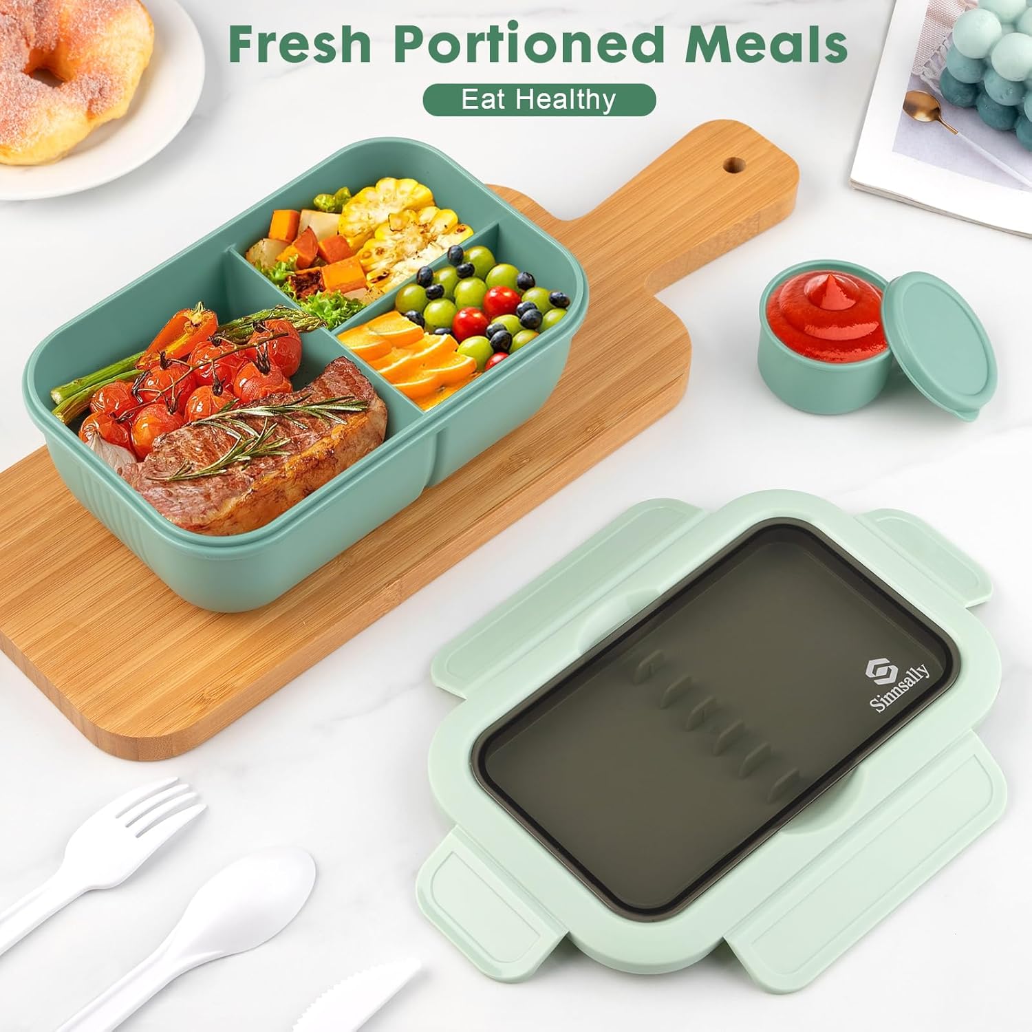 Sinnsally Lunchbox mit Trennwänden Set, 1250 ml Lunchbox mit Fächern Erwachsene, Lunchbox, Frühstücksbox, Lunchbox mit Besteck, Lunchbox, Lunchbox, Lunchbox, Lunchbox – Bild 5