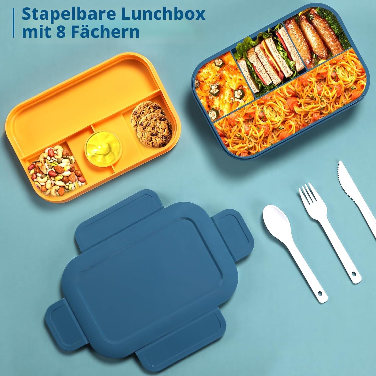 Sinnsally Lunchbox für Erwachsene, 2000 ml Lunchbox mit Fächern, Bento-Lunchbox mit Besteck, Snackbox, auslaufsichere Lebensmittelbox, Lunchbox mit Trennwänden, Frühstücksbox – Bild 2