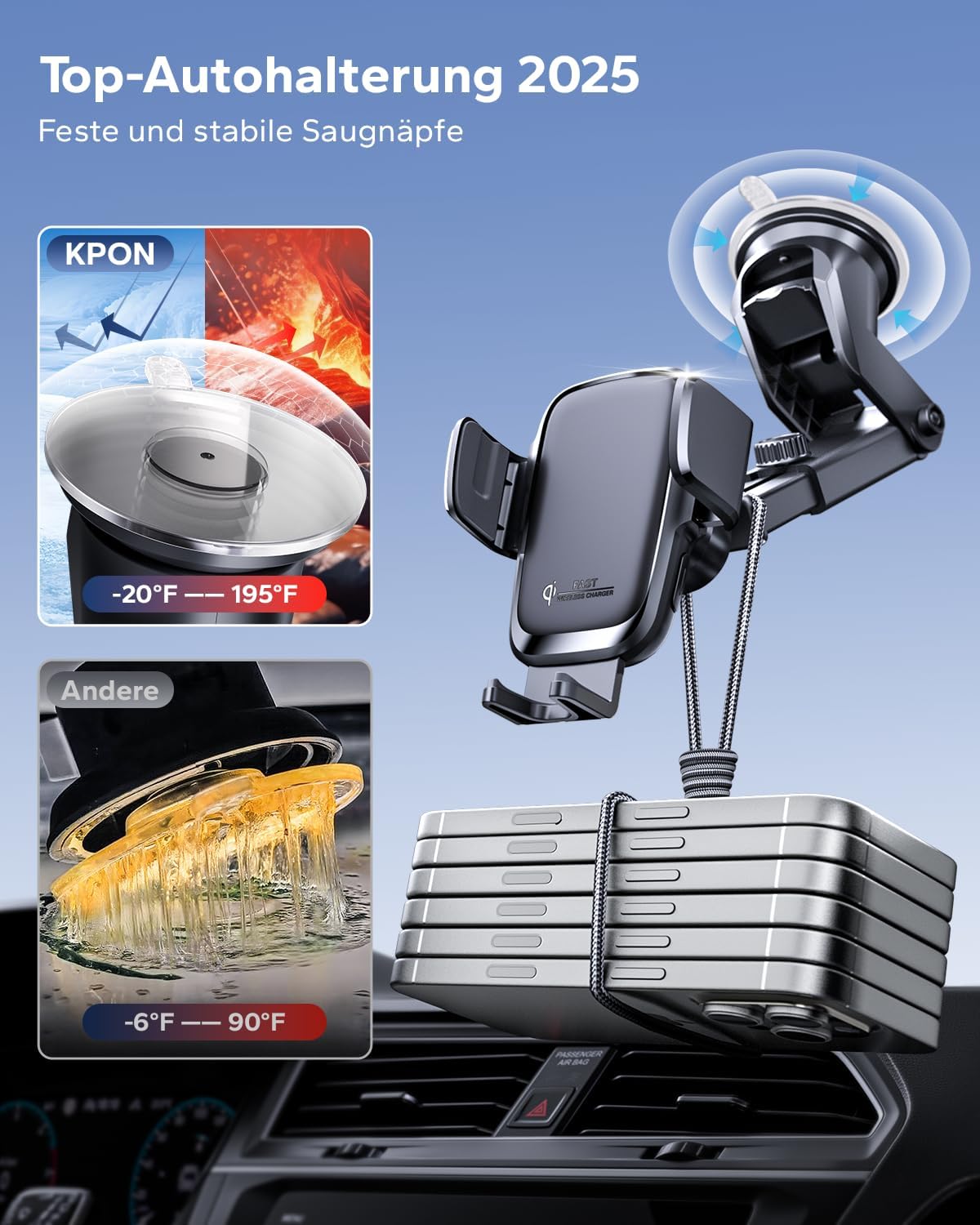 KPON 15W Qi Handyhalterung Auto mit Ladefunktion, Induktive Ladestation Auto mit Saugnapf und Clip, Automatische Klemmung Auto Wireless Charger für iPhone 17/16/15/14/13, Samsung (Ohne Zigarettenanzünder) – Bild 5