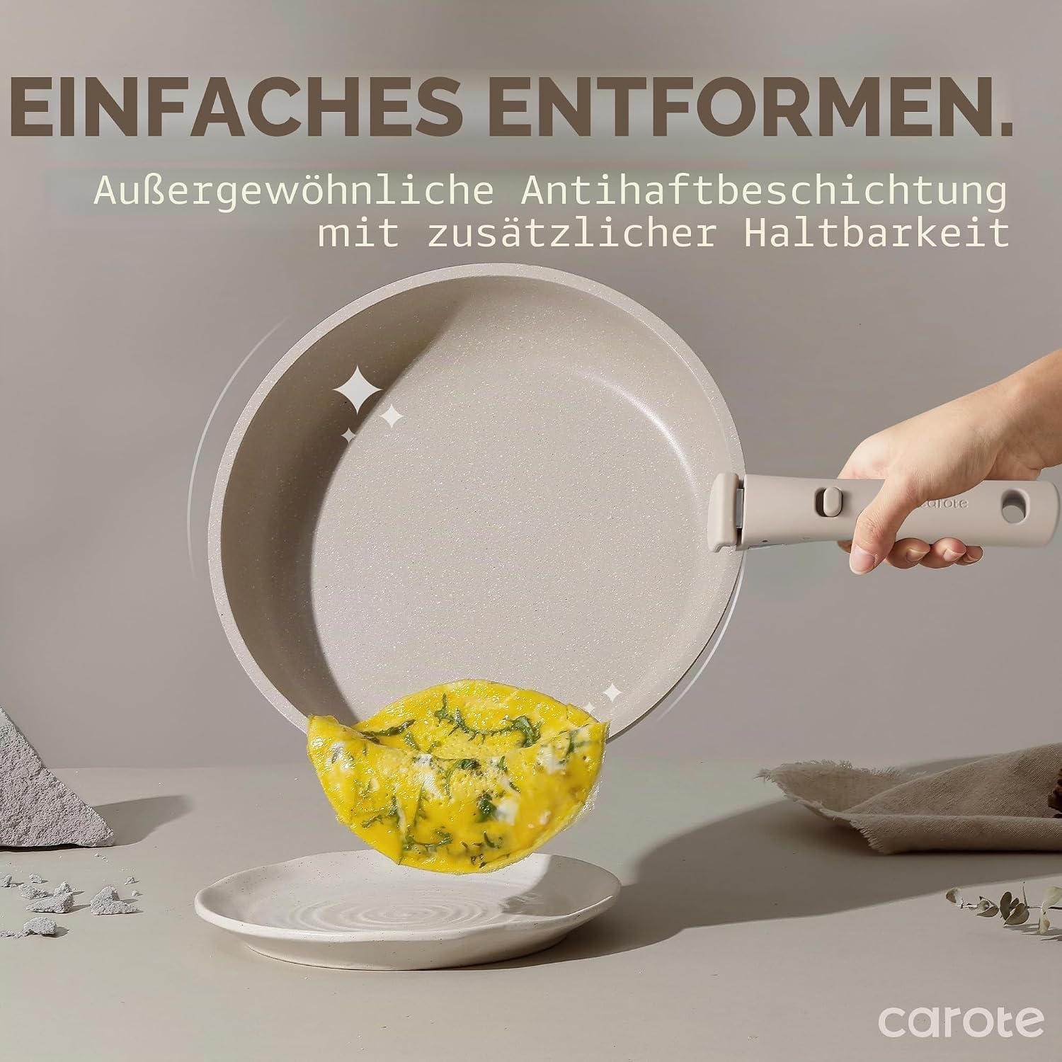 CAROTE 19-teiliges Kochtopf- und Pfannenset, antihaftbeschichtetes Kochgeschirr-Set, abnehmbarer Griff, Induktions-Küchen-Kochsets mit abnehmbarem Griff, Wohnmobil-Küche, ofenfest, Taupe – Bild 3