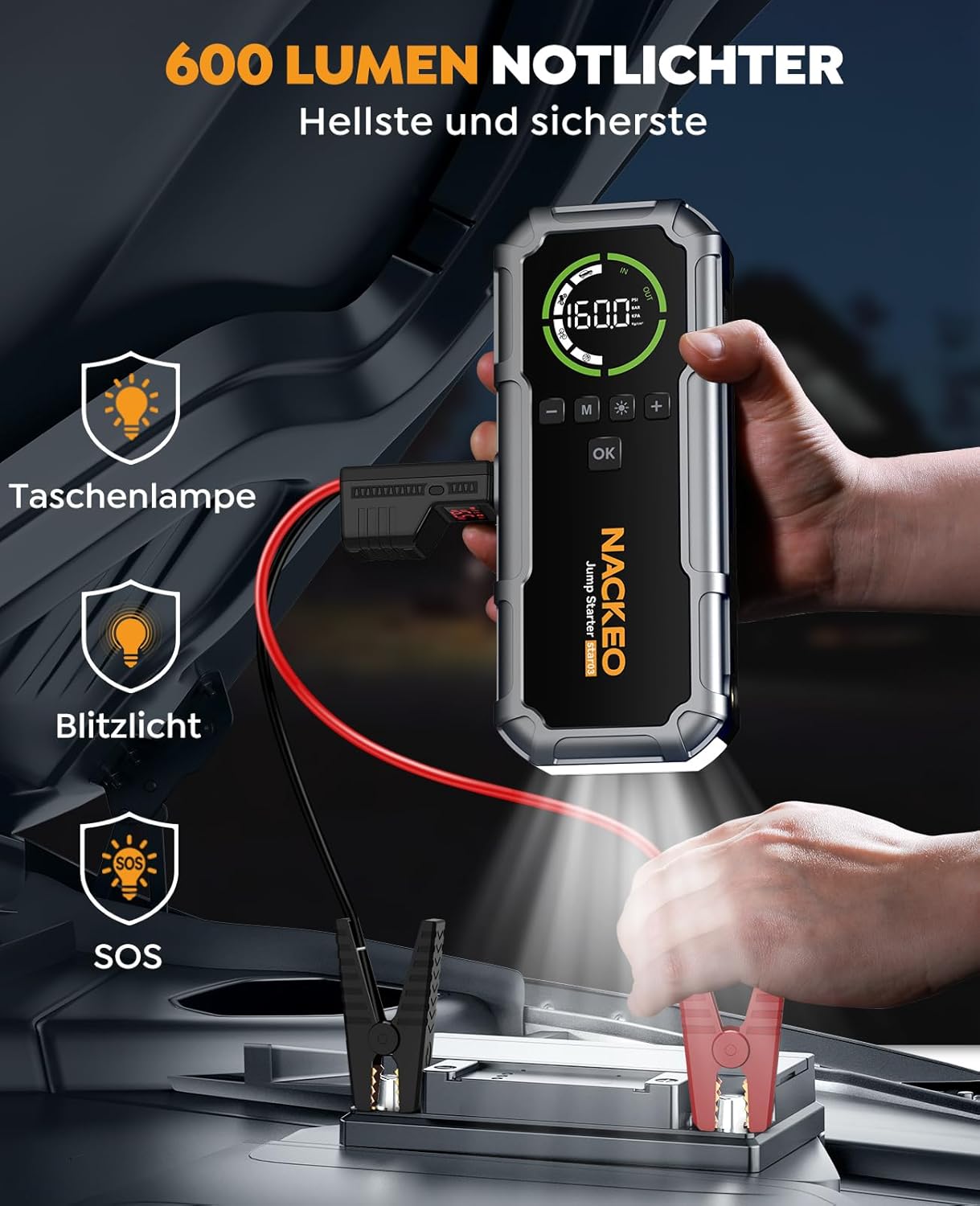 8000 A Starthilfe-Powerbank mit Kompressor 160 PSI, 12 V Auto-Starthilfe-Powerbank für alle Benziner und 12 l Diesel, 20000 mAh Starthilfe mit Starthilfekabel, 600 Lumen LED-Licht und LCD-Bildschirm – Bild 5