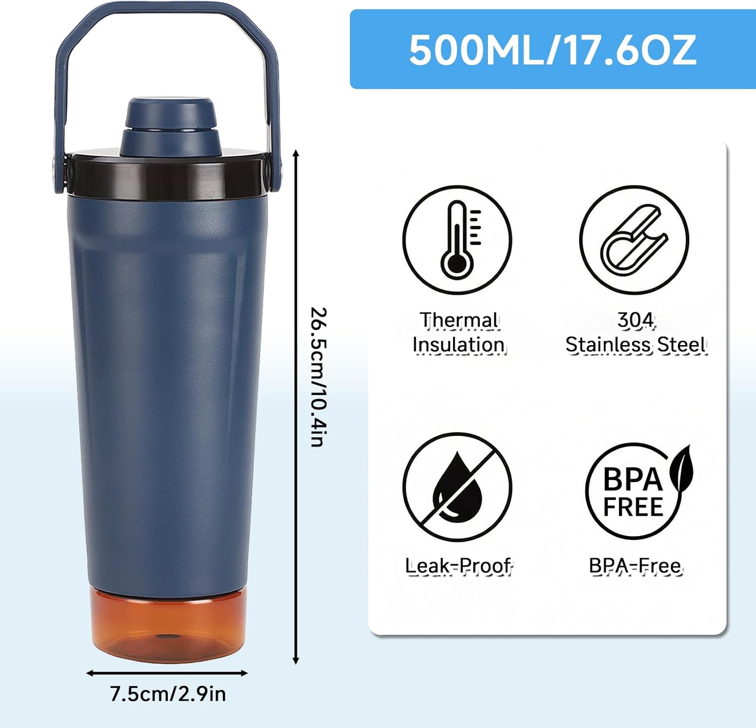 X SIM FITNESSX Protein-Shaker-Flasche mit Pulverfach, SUS304-Edelstahl-Shaker mit Tragegriff und Aufbewahrungsbehälter, 500 ml + 200 ml (blau) – Bild 3