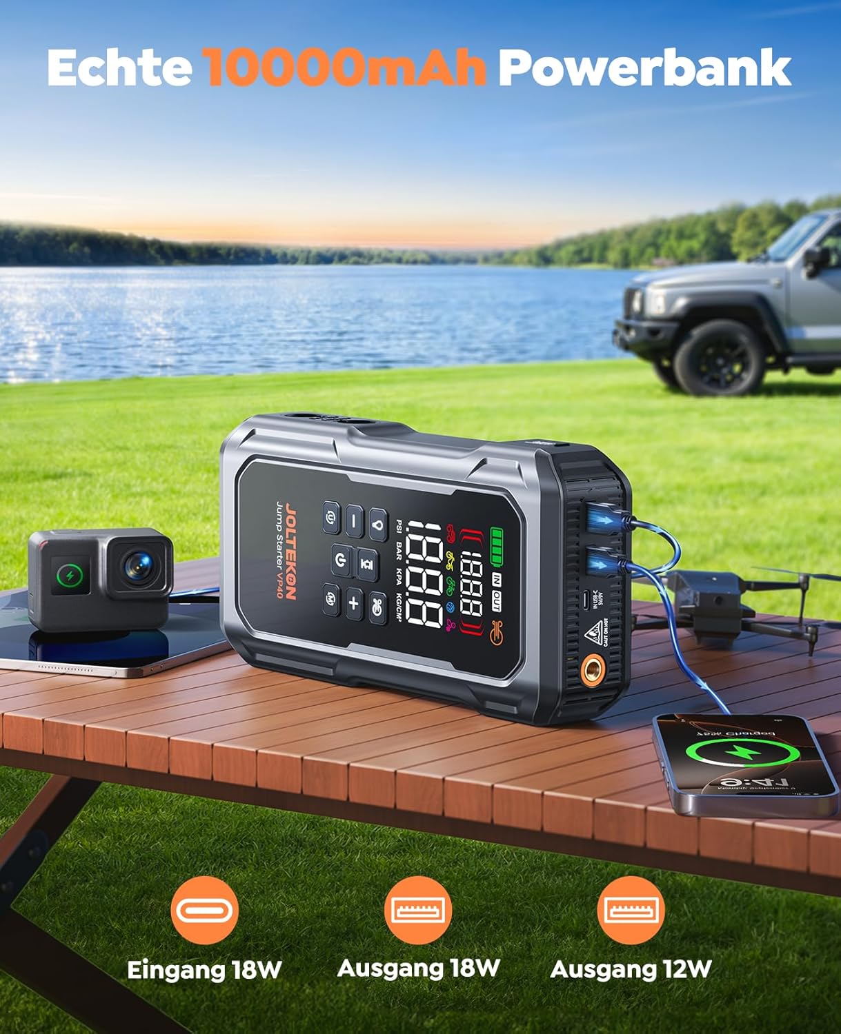 7000 A Auto-Starthilfe-Powerbank für Autos, Starthilfe für alle Benziner und 12,0-l-Diesel, Starthilfe-Powerbank mit Lüfter und 160-PSI-Kompressor, Starthilfe mit 800-Lumen-LED-Licht und 3,3 Zoll – Bild 5