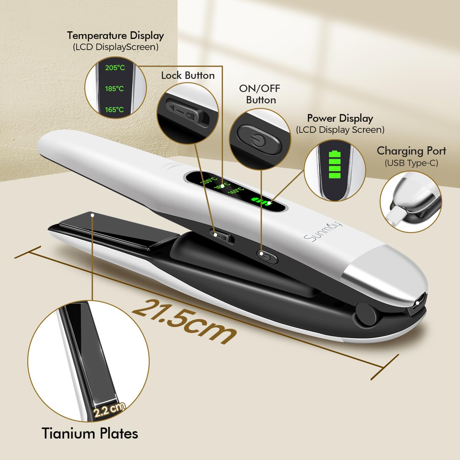 SUNMAY Voga Kabelloser Haarglätter, Titan-Glätteisen, Locken und Glätten 2 in 1, tragbarer Akku-Haarglätter, kabelloser Haarglätter, Mini-Reiseglätter, 3 einstellbare Temperaturen, 5000-mAh-Akku – Bild 7