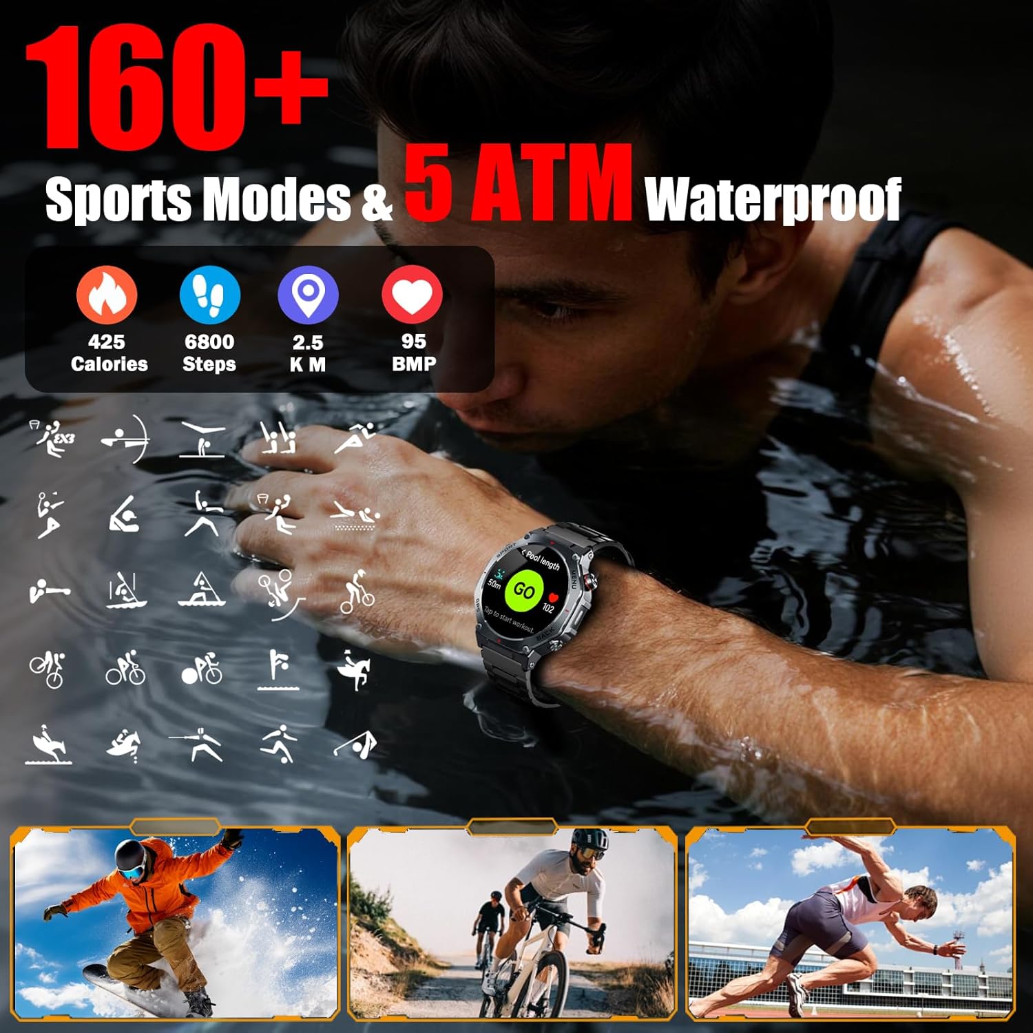 Smartwatch Herren Militär GPS, 1,43 Zoll AMOLED Fitnessuhr mit Bluetooth Anrufen, 160+ Sportmodi Kompass, 5ATM wasserdicht, 24/7 Herzfrequenz, Schlafmonitor, Schrittzähler, Sportuhr Android für iOS – Bild 7