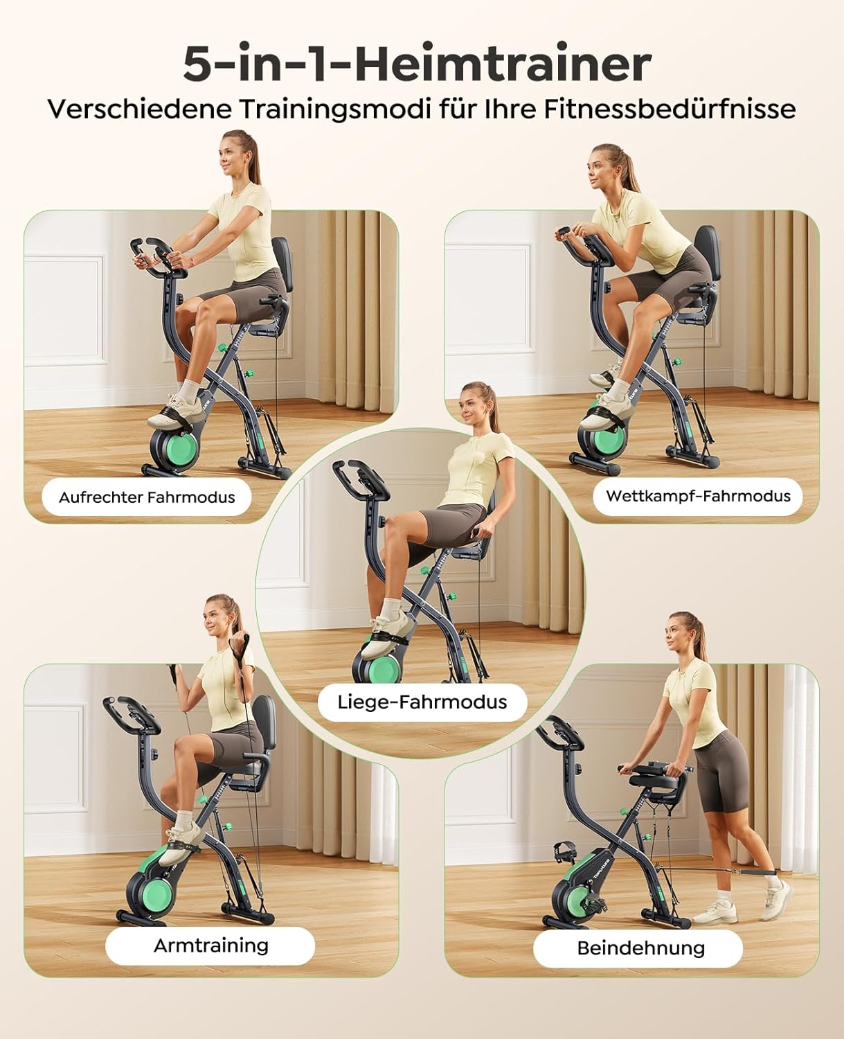 Toputure Klapp-Heimtrainer mit App, 5-in-1-Ergometer mit Hand-Bein-Zugseilen, 16 Magnetwiderstände, Indoor-Heimtrainer bis 140 kg, Ultraschall – Bild 2