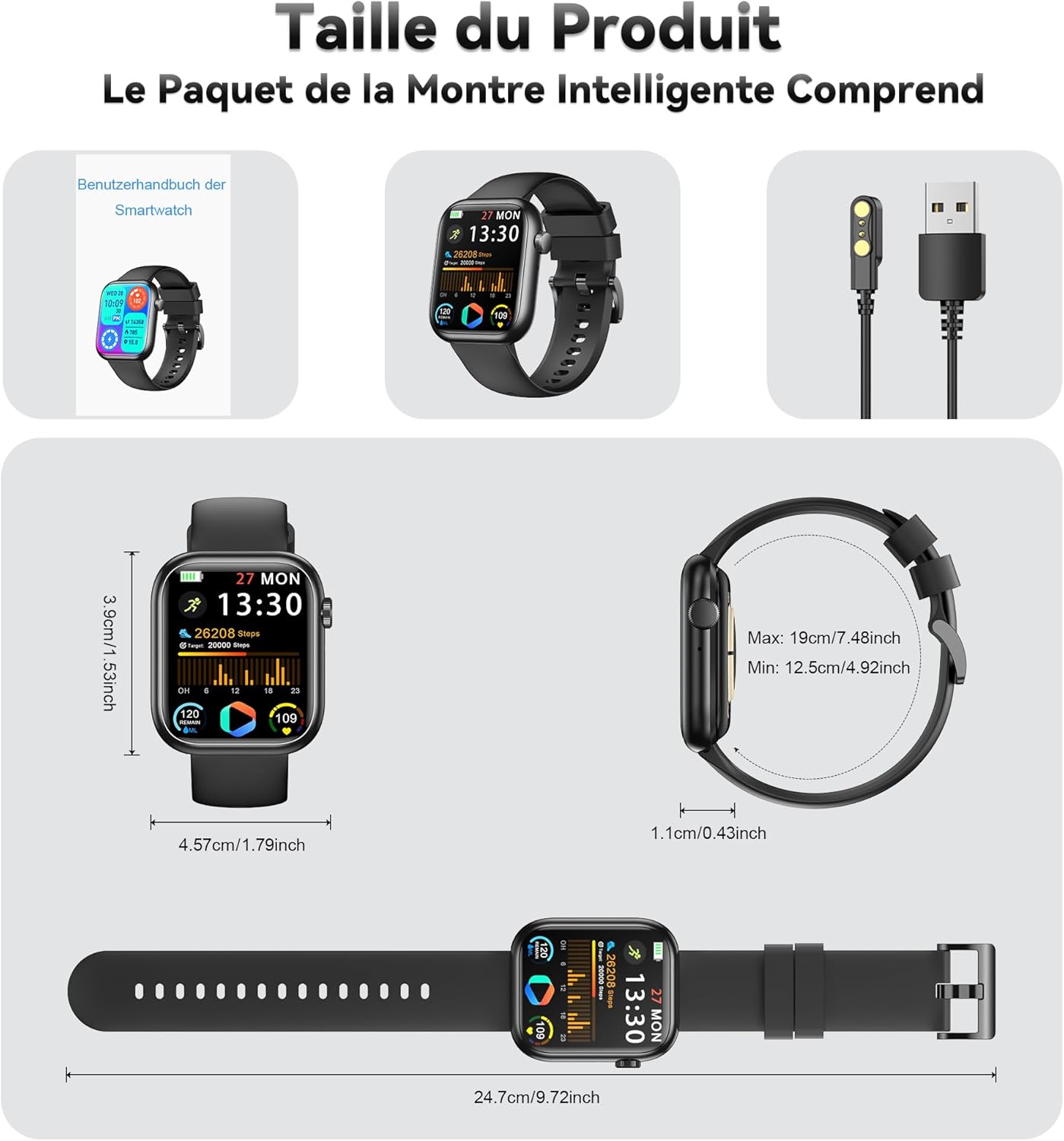 Smartwatch für Damen und Herren, 1,83 Zoll HD-Fitness-Tracker mit Schrittzähler, Blutdruckmessgerät, Herzfrequenzmesser, Telefonfunktion, Schlaf-Tracker, 120+ Sportmodi, IP68 wasserdichte Fitnessuhr – Bild 7