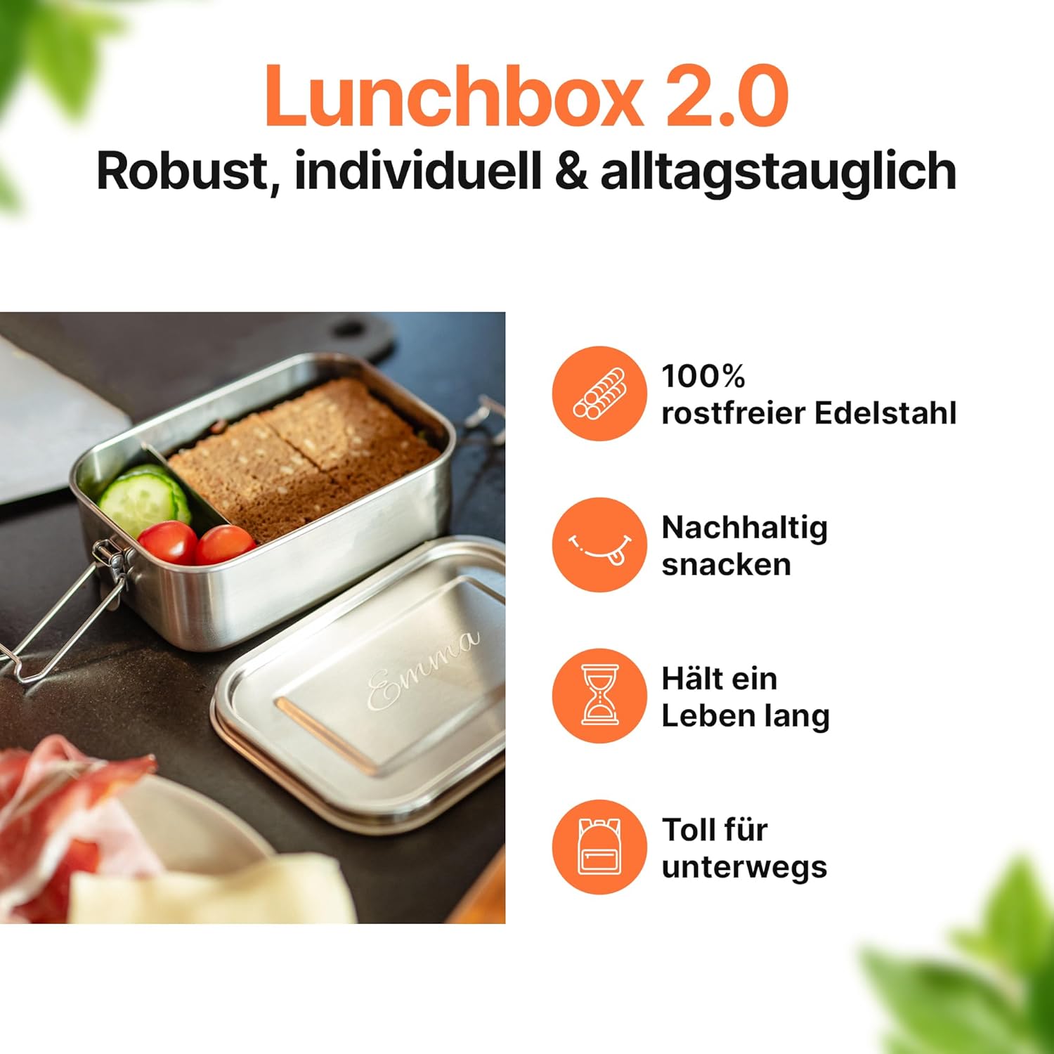 Isonio Lunchbox aus Edelstahl mit Lasergravur, inkl. Trenn- und Dichtungsring, Lunchbox, Bento-Box mit Namensgravur, M, Edelstahl – Bild 2
