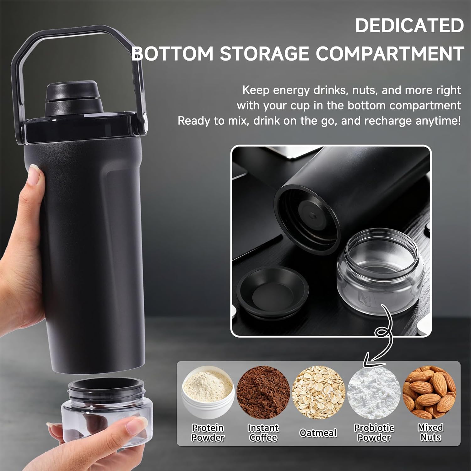 X SIM FITNESSX Protein-Shaker-Flasche mit Pulverfach, SUS304-Edelstahl-Shaker mit Tragegriff und Aufbewahrungsbehälter, 500 ml + 200 ml (blau) – Bild 6