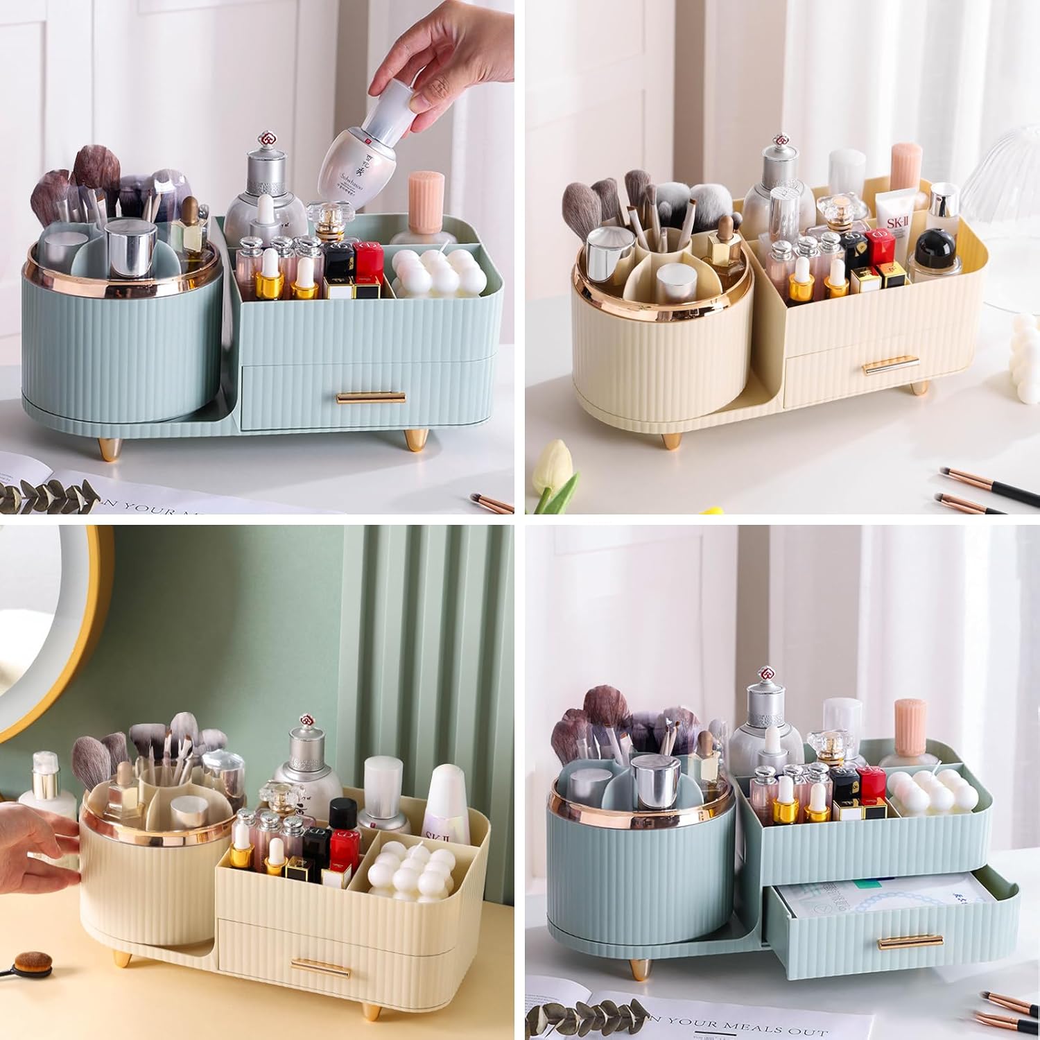 DASITON Make-up-Organizer, 360° drehbar, Make-up-Pinselhalter, Kosmetikaufbewahrung mit Schubladen, großer Schminktisch-Organizer für Schlafzimmer, Badezimmer, Make-up- und Hautpflege-Organizer (grün) – Bild 3