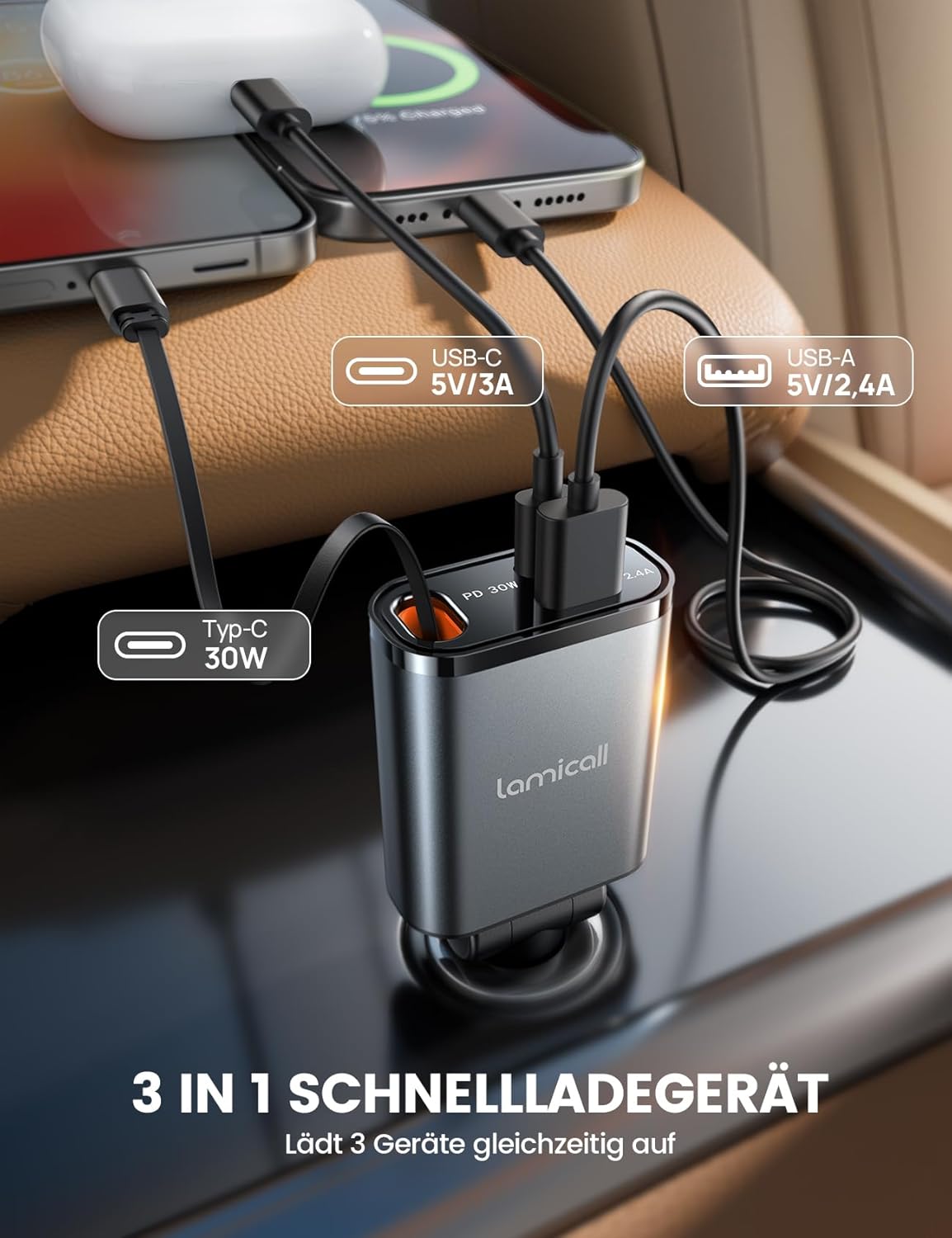 Lamicall 3-in-1-Zigarettenanzünder-USB-C-Autoladegerät - 【2026 Superkompakt】 50W USB-Adapter Auto-Schnellladegerät mit einziehbarem Typ-C-Kabel/USB C/USB A, 24/12V-Autoladegerät für iPhone/Samsung – Bild 5