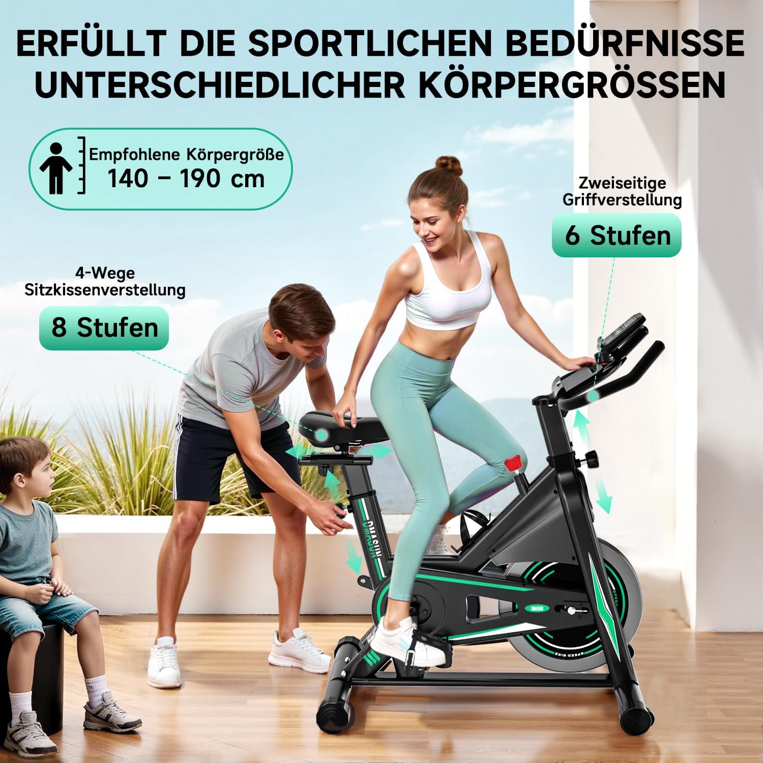 DMASUN Leises Ergometer-Heimtrainer-Fahrrad mit 0-100 % Widerstand, Display & Tablet-Halterung, Cardio-Training-Indoor-Cycling-Fahrrad mit bequemem Sitz, bis zu 160 kg – Bild 6