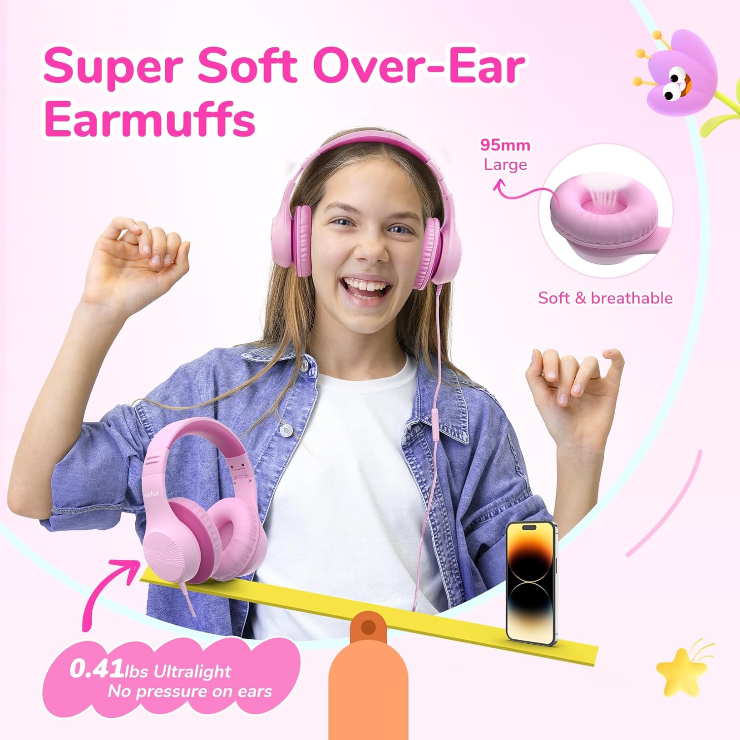 EarFun Kinderkopfhörer, Over-Ear-Kopfhörer für Kinder mit Kabel, 85/94 dB Lautstärkebegrenzer, faltbar, verstellbar, Hi-Fi-Sound, HD-Mikrofon, angenehm zu tragen, Kinderkopfhörer für Schule/Tablet – Bild 5