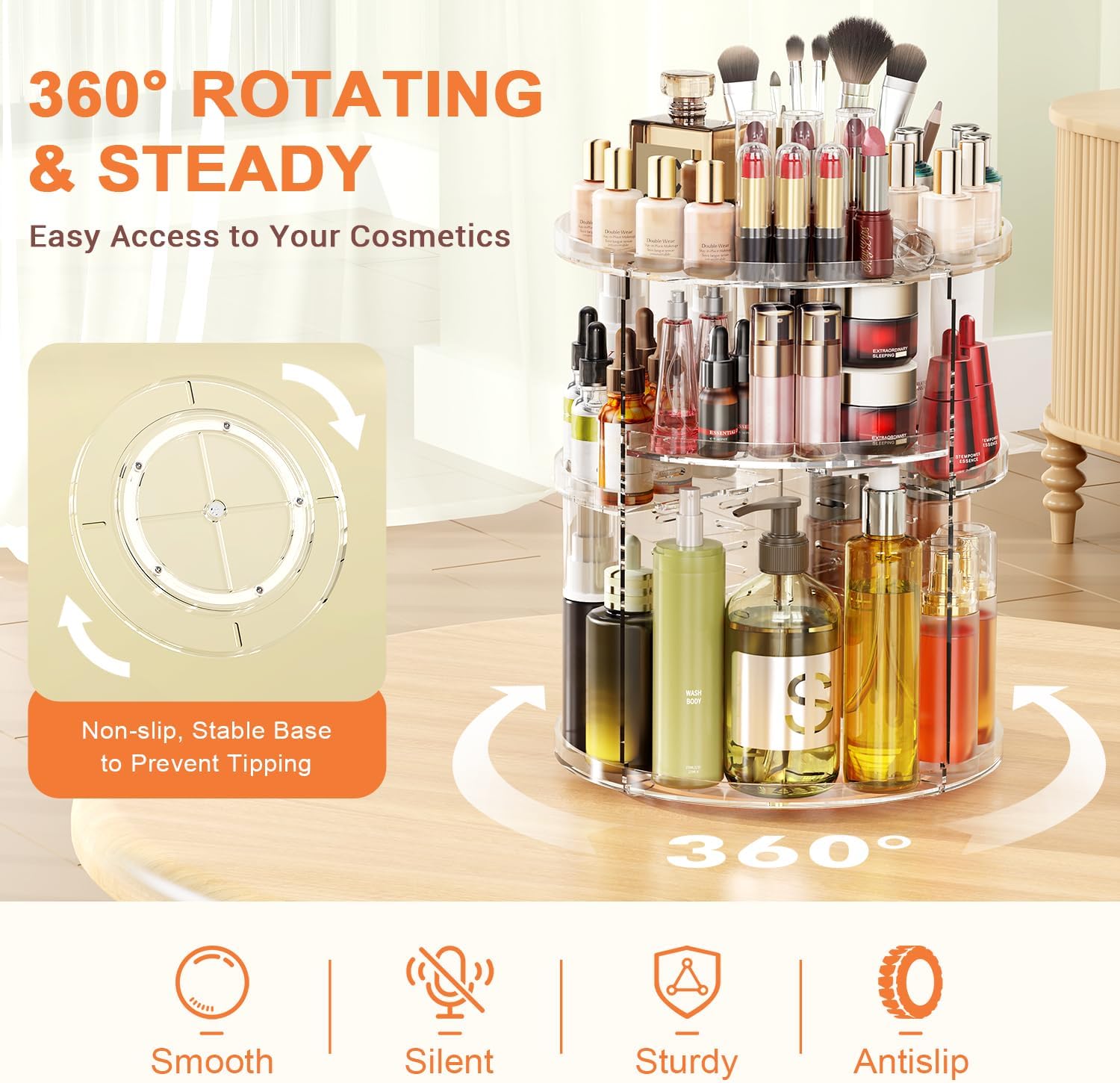 Auxmir Make-up-Kosmetik-Organizer, um 360° drehbare Aufbewahrung, Make-up-Organizer für Kommode, Schminktisch, Hautpflege-Aufbewahrungssystem, transparent – Bild 3