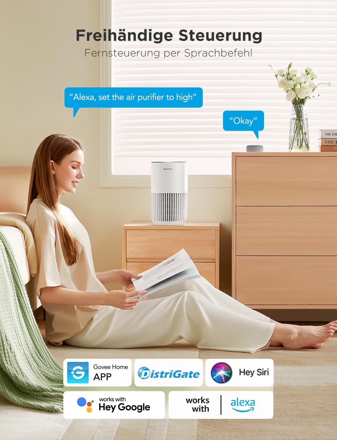 GoveeLife Mini-Luftreiniger für Schlafzimmer, Intell.HEPA-Filter mit Alexa-App-Steuerung zur Vermeidung von Tierhaaren, Gerüchen, Pollen, Rauch, tragbarer Luftreiniger mit 3 Geschwindigkeiten, 2 Modi, Timer, Geschmacksrichtungen – Bild 2