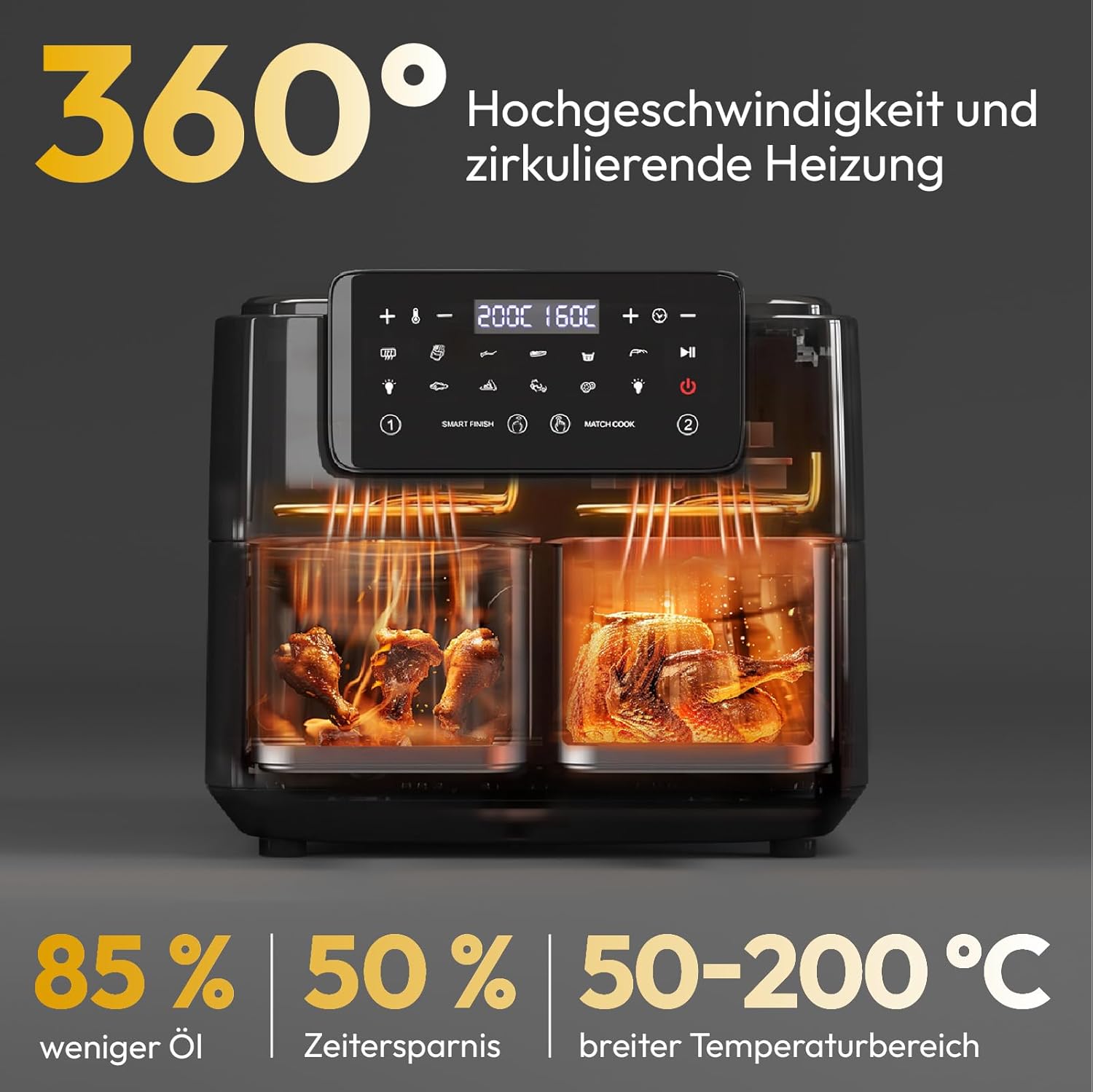 LLIVEKIT 9L Heißluftfritteuse, 2 Kammern mit Sichtfenster, 4,5L + 4,5L Airfryer 9-in-1, Backofen XXL ohne Öl, Heißluftofen mit Touchscreen, Timerfunktion – Bild 3