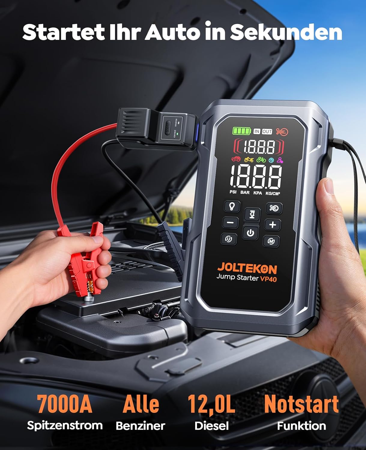 7000 A Auto-Starthilfe-Powerbank für Autos, Starthilfe für alle Benziner und 12,0-l-Diesel, Starthilfe-Powerbank mit Lüfter und 160-PSI-Kompressor, Starthilfe mit 800-Lumen-LED-Licht und 3,3 Zoll – Bild 2