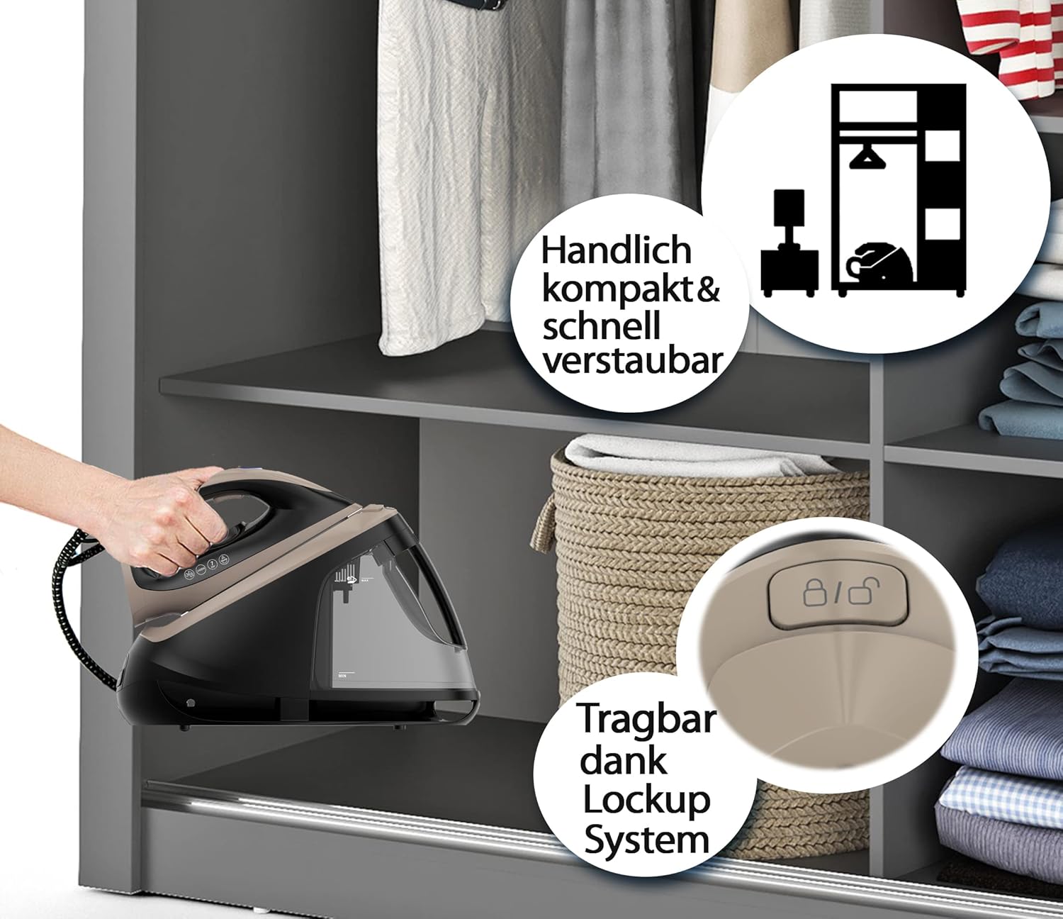 Tristan Auron Dampfbügelstation, 2400 W, 400 g Dampfstoß, 8 bar Dampfdruck, variabler Dampf bis zu 155 g/min, 1,8 l Wassertank, automatische Abschaltung, Elite 8 (schwarz) – Bild 2