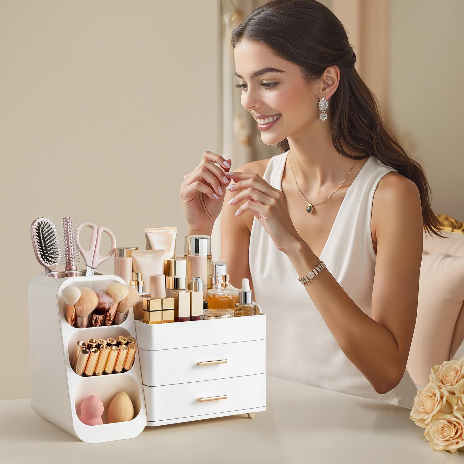 HBlife Make-up-Kosmetik-Organizer mit Schubladen, Pinsel-Organizer, 3-in-1-Kosmetik-Aufbewahrungsbox aus Kunststoff, Make-up-Aufbewahrungsbox, großer Stauraum, weiß – Bild 6