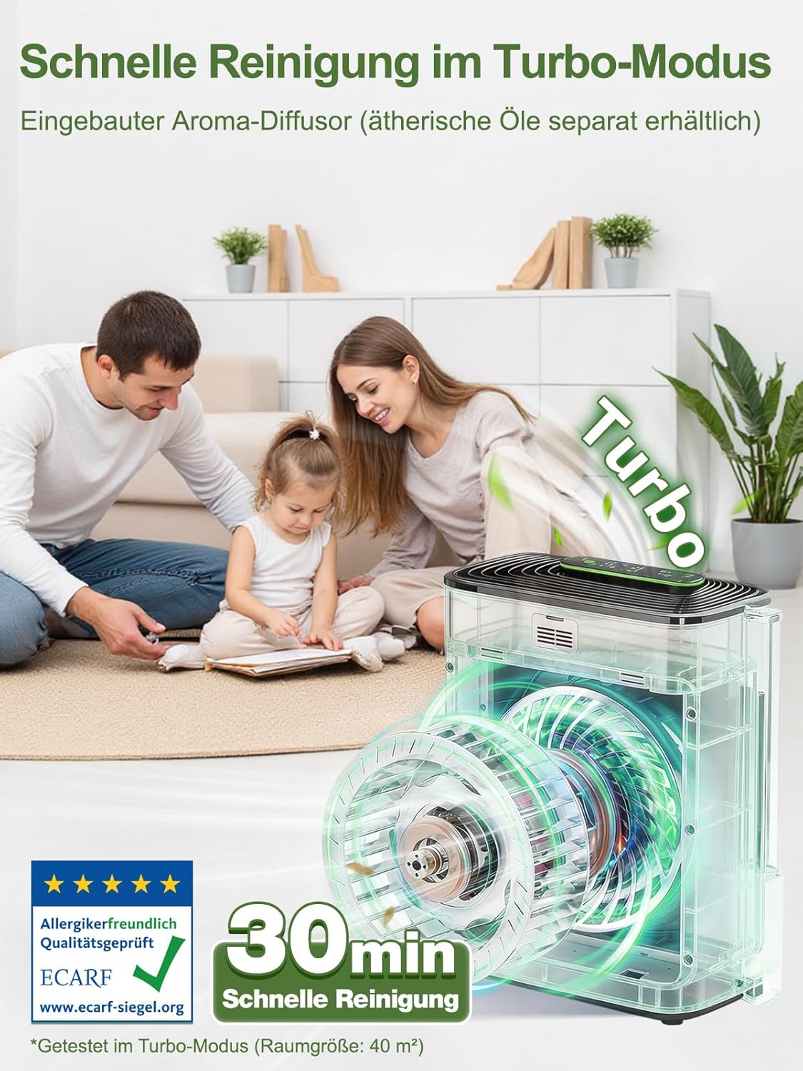 KNKA Luftreiniger, Luftreiniger, CADR 300 m³/h, bis zu 80 m², HEPA-Leistung (Schlafmodus), entfernt 99,97 % Staub/Pollen/Gerüche, mit intelligentem Sensor, ideal für Raucher und Haustiere, APH3000 – Bild 6