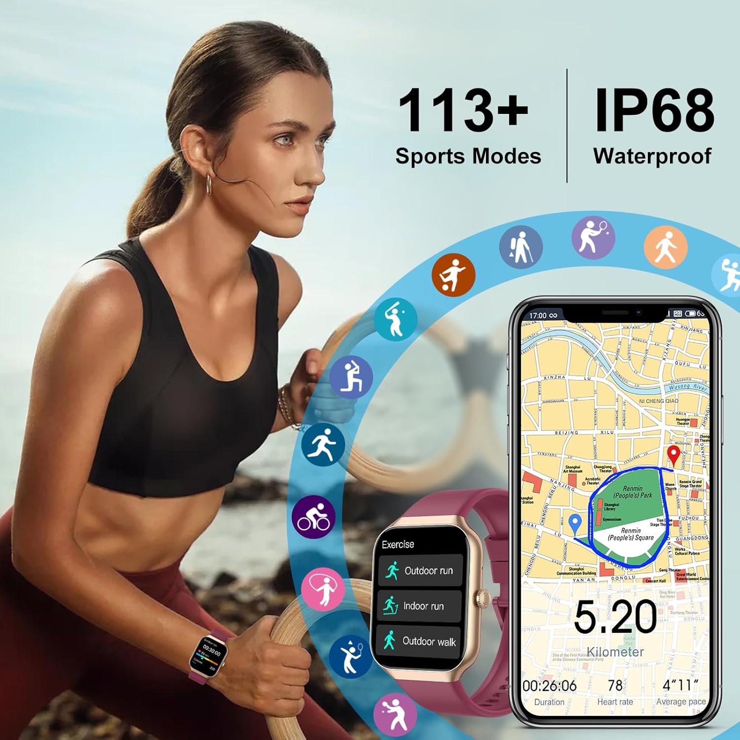 Smartwatch Damen Herren mit Telefonfunktion, 1,96 Zoll HD Fitnessuhr mit Herzfrequenz SpO2 Schlafmonitor Schrittzähleruhr IP68 Wasserdicht Smartwatch mit 113+ Sportmodi, Sportuhr für Android iOS – Bild 4