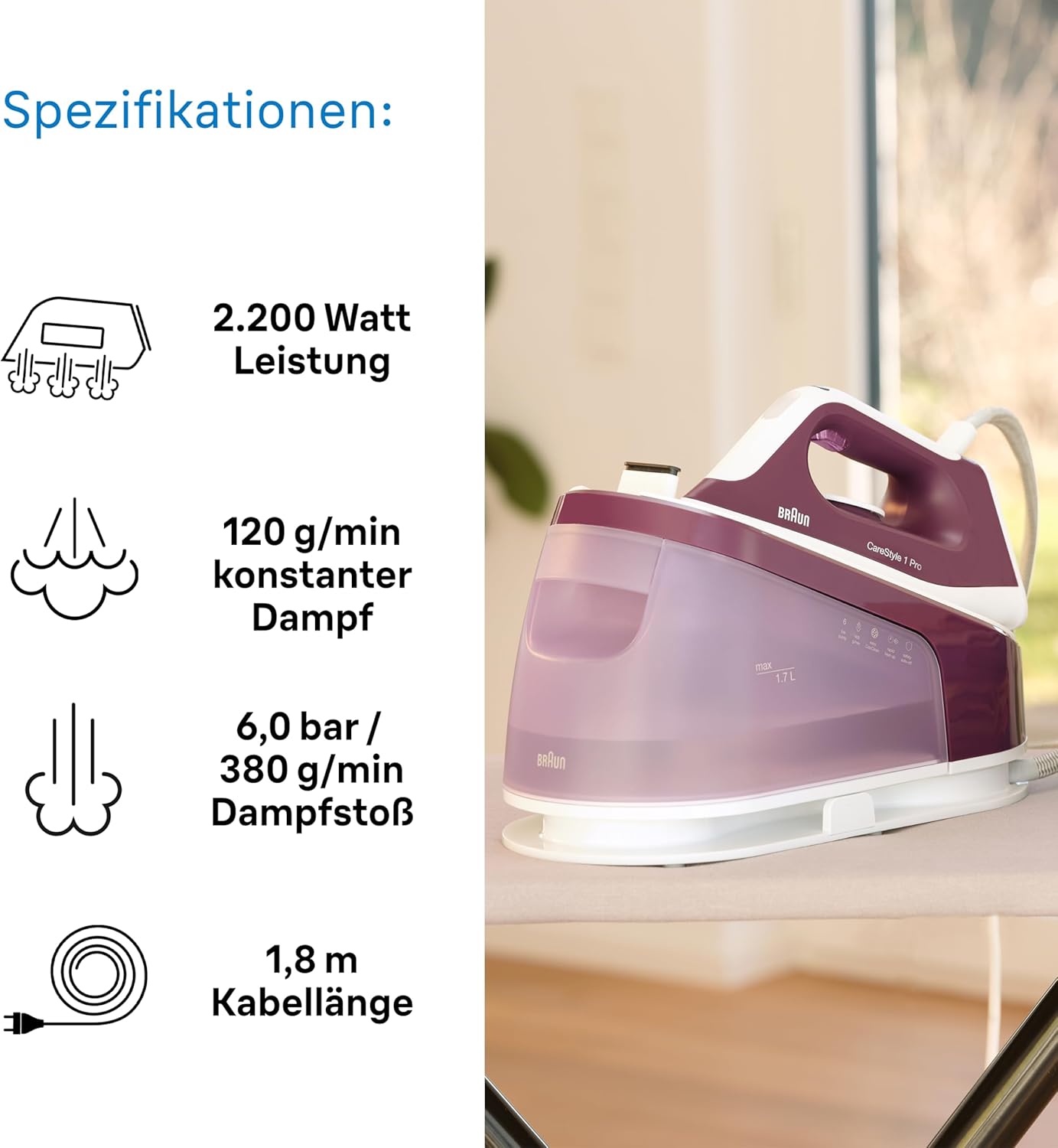 Braun CareStyle 1 Pro IS1514 VI Dampfbügeleisen – Dampfbügeleisen mit FreeGlide 3D-Technologie, Vertikaldampf, Anti-Tropf-Funktion, 1,7 l Wassertank, 6 bar, 120 g/min, 2200 W, Lila – Bild 2