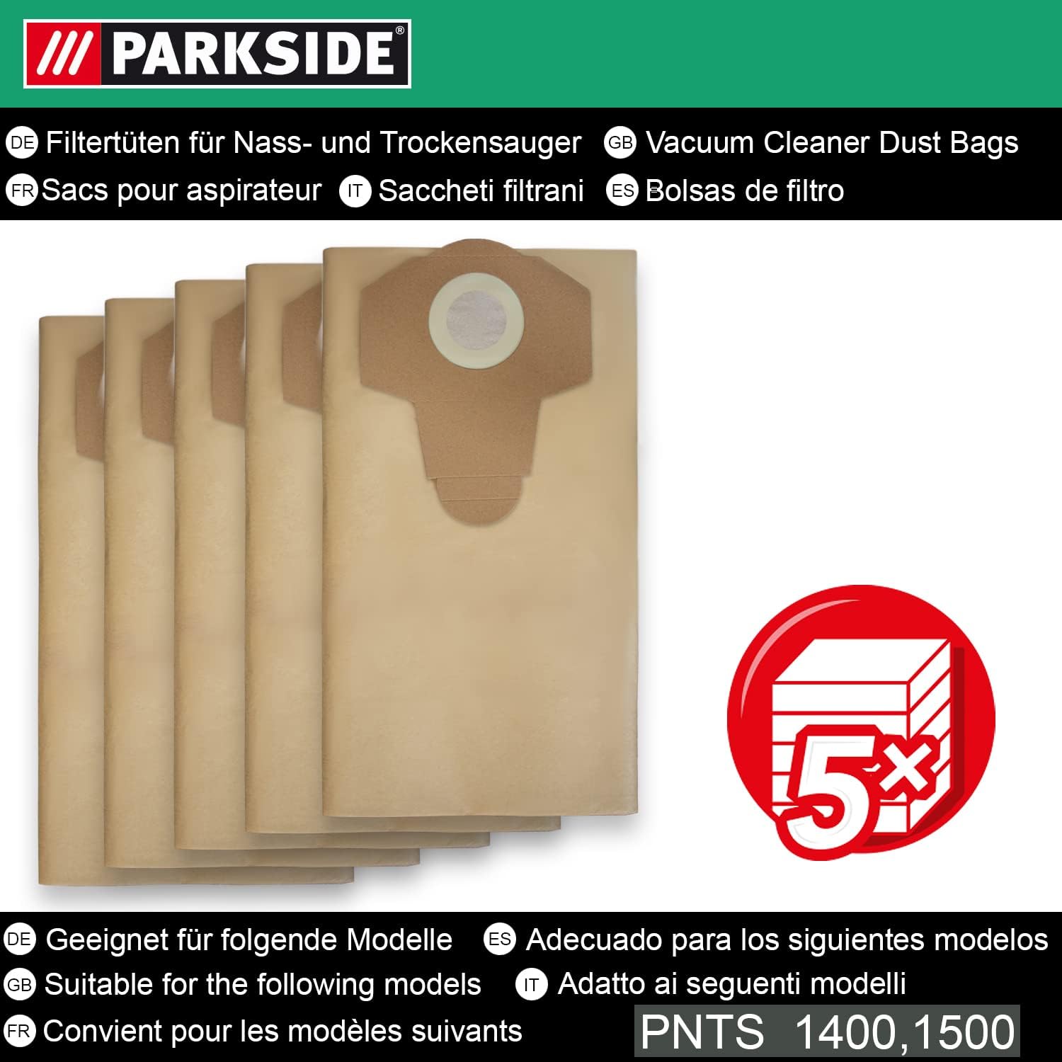 Parkside Original Staubsaugerbeutel 5er Pack für LIDL Nass-/Trockensauger PNTS 1400, 1500 A1, B1, B2, B3, C1, C3, D1, E2, C4, F2 – Bild 4