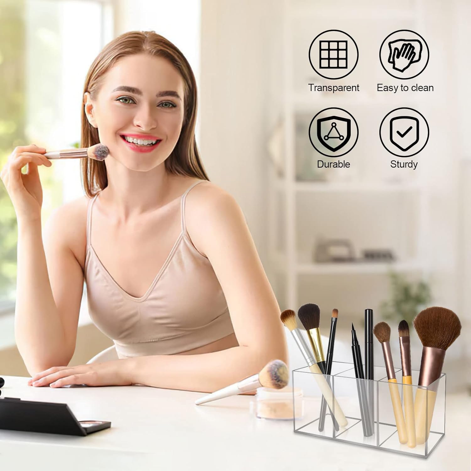 Acryl-Pinselhalter, 3 Fächer, Make-up-Organizer, transparenter Schminktisch-Organizer, Make-up-Organizer für Pinsel, Eyeliner, Lippenstift, Schminktisch-Zubehör-Aufbewahrung, es kann durchsucht werden, Stifthalter – Bild 4