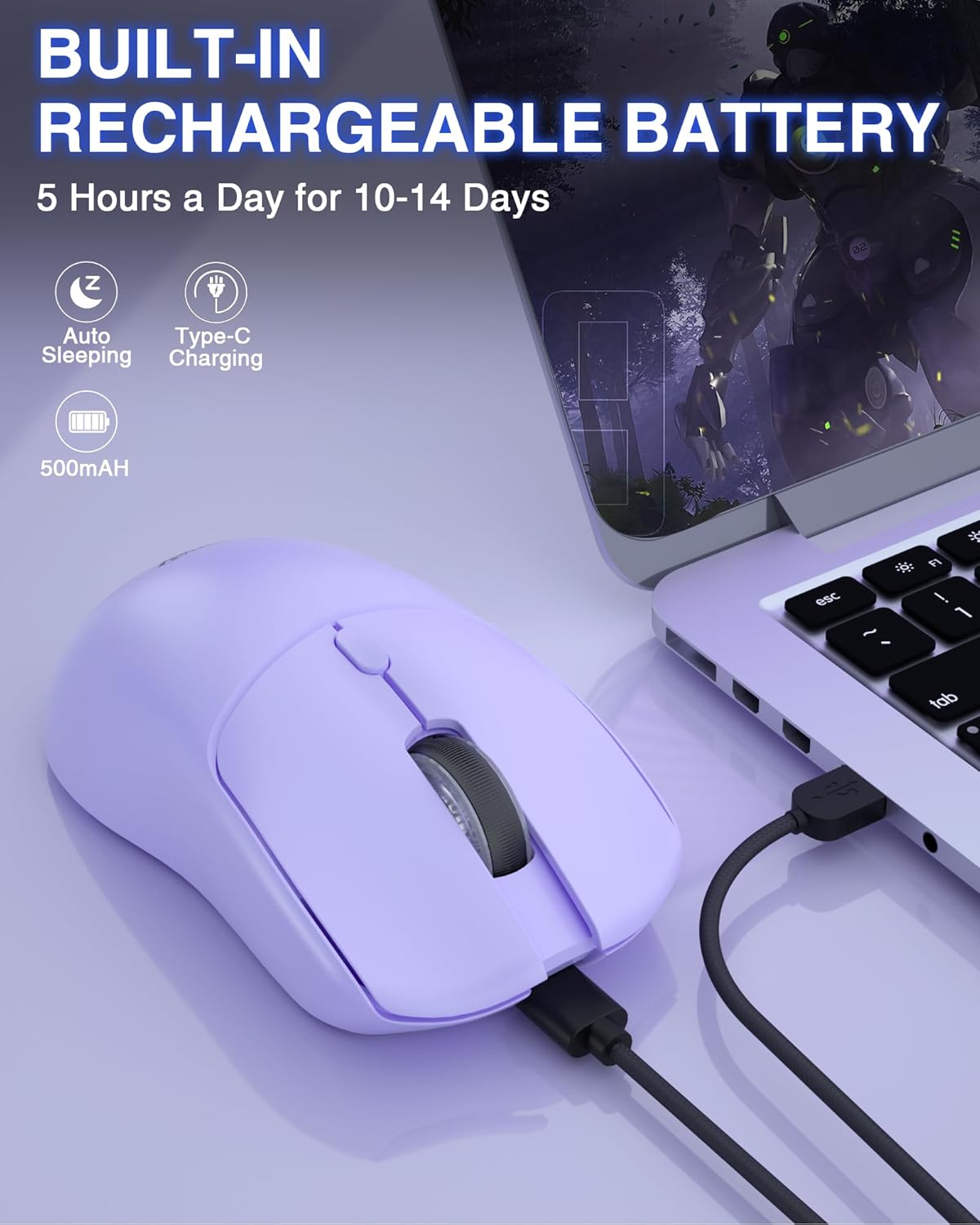 AULA SC580 Kabellose Gaming-Maus, 2,4 GHz/USB-C/BT Kabellose Gaming-Maus, 12000 DPI, 6 programmierbare Tasten, kabellose Maus für PC/Mac-Gamer (lila) – Bild 9