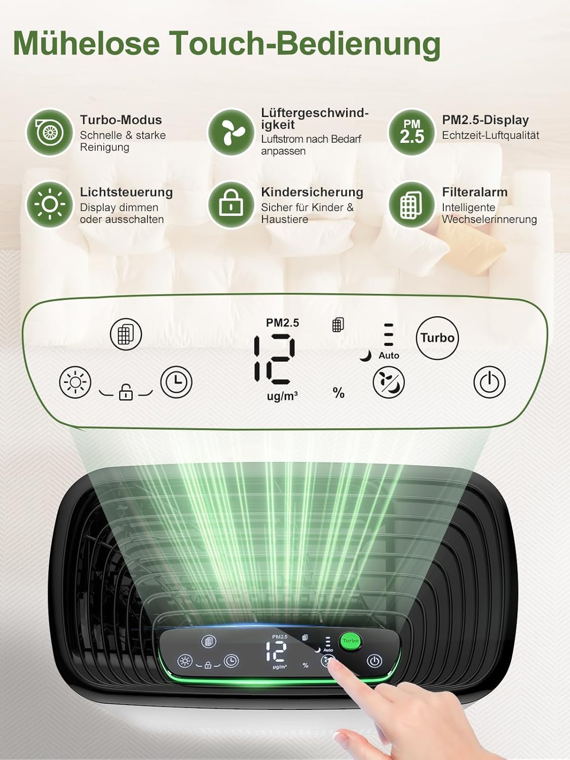 KNKA Luftreiniger, Luftreiniger, CADR 300 m³/h, bis zu 80 m², HEPA-Leistung (Schlafmodus), entfernt 99,97 % Staub/Pollen/Gerüche, mit intelligentem Sensor, ideal für Raucher und Haustiere, APH3000 – Bild 7