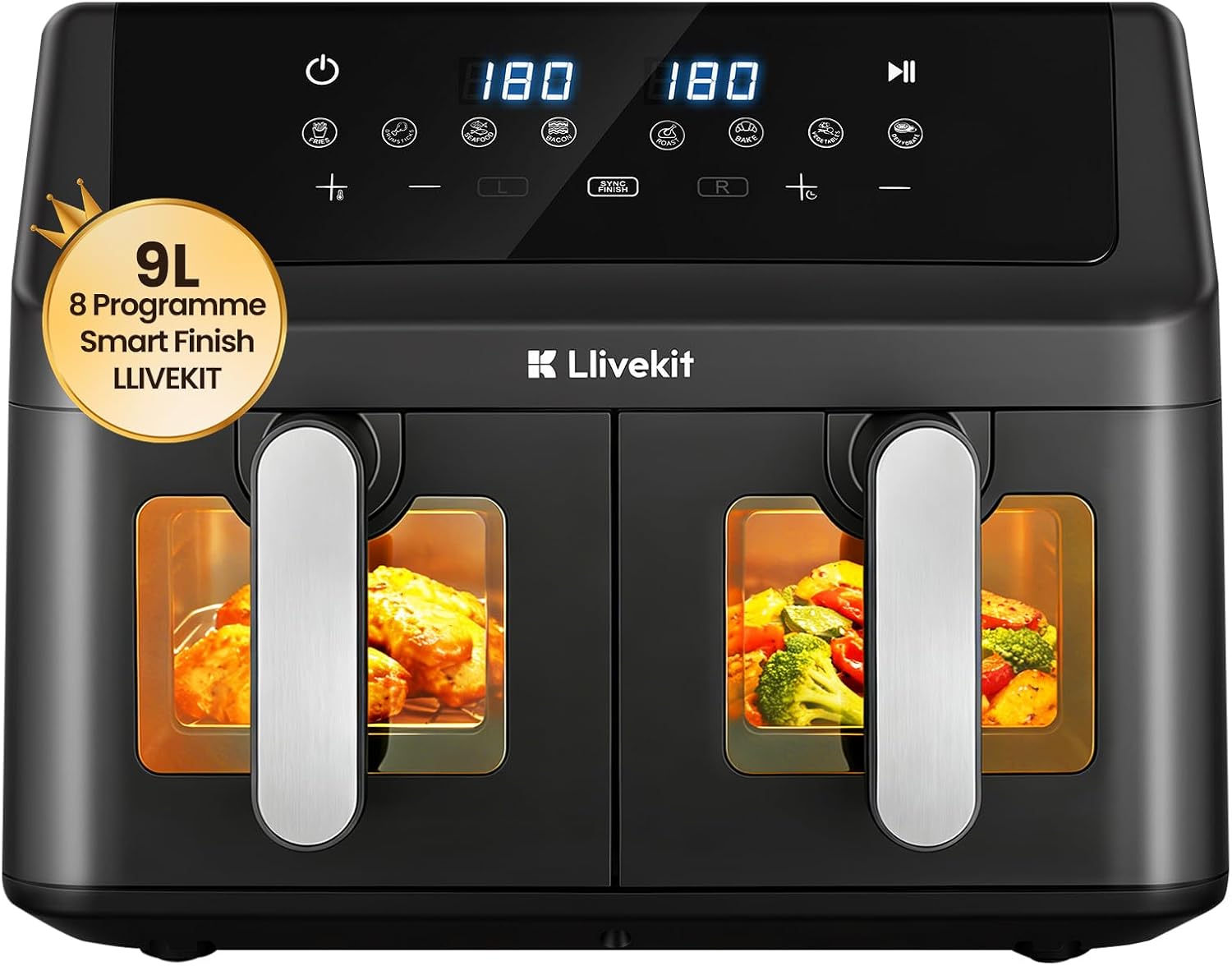 LLIVEKIT 9L Doppelkammer-Heißluftfritteuse, 2 x 4,5 L Airfryer mit automatischer Abschaltung, 4D-Konvektion, 70 % Energieeinsparung, 8 Programme, Sync-Finish, spülmaschinenfest, PFOA-frei