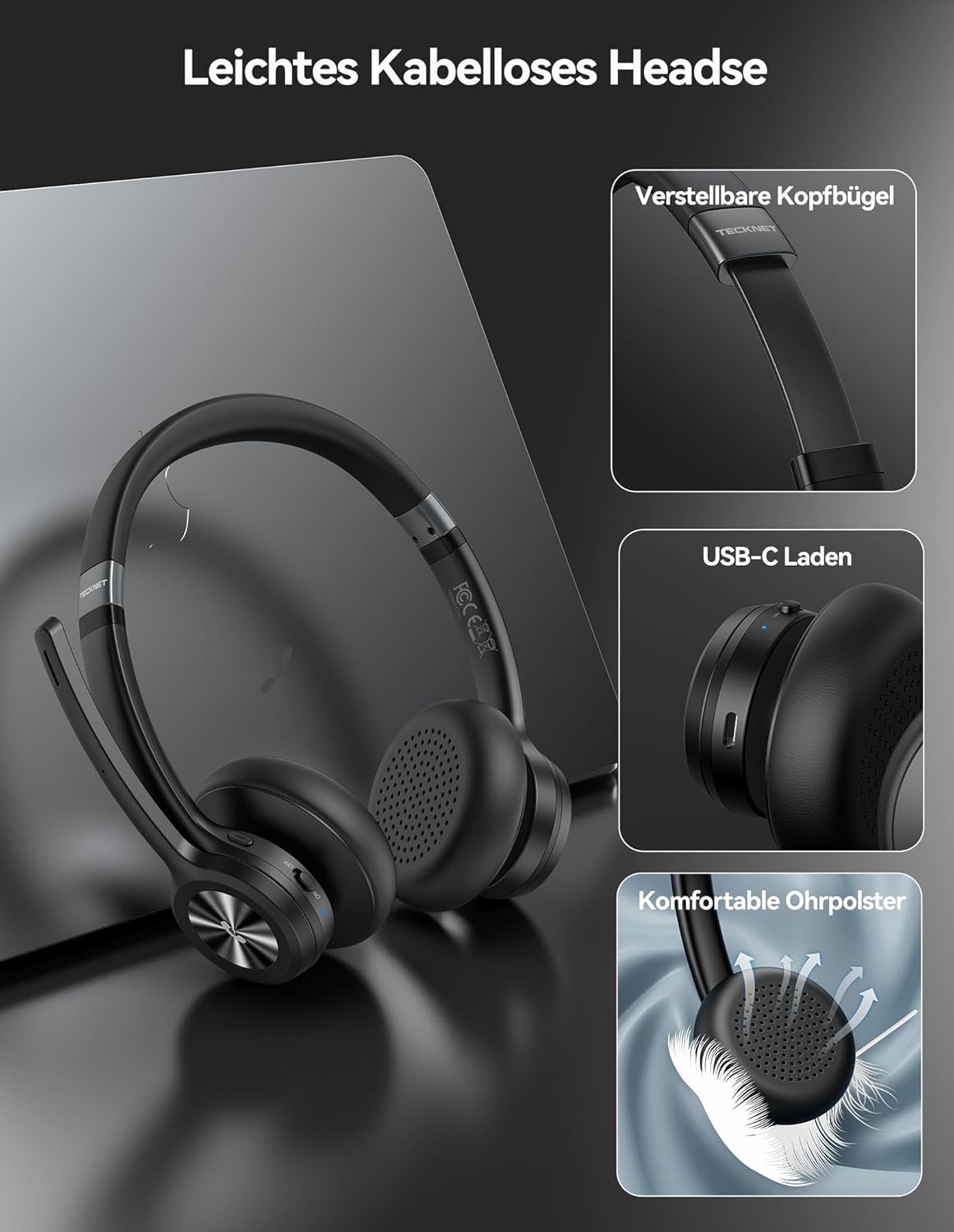 TECKNET V5.2 Bluetooth-Headset mit Mikrofon, kabelloses Headset mit Geräuschunterdrückung und Stummschaltung des Mikrofons, wiederaufladbare On-Ear-Kopfhörer kabellos für Trucker/Callcenter/Büro – 50+ Stunden Akku – Bild 2
