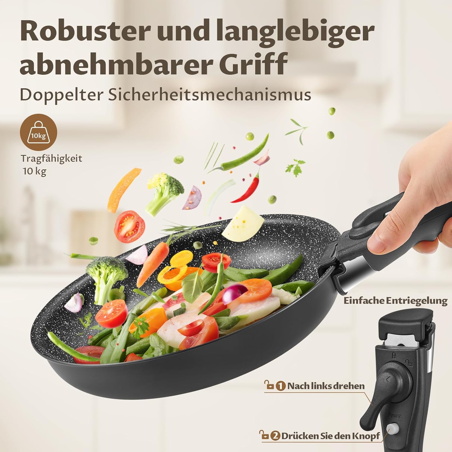 Fadware Induktions-Pfannenset, antihaftbeschichtete Bratpfanne, 20, 24, 28 cm mit abnehmbarem Griff für kleine Küchen und Wohnmobile, Pfannenset, stapelbar, platzsparend, für alle Herdarten, ofenfest – Bild 5