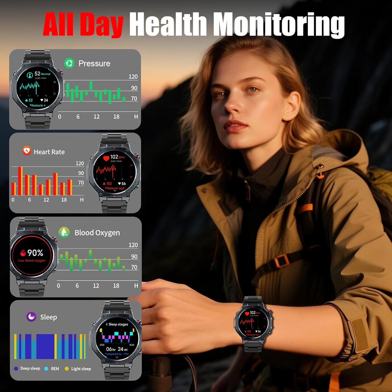 Smartwatch Herren Militär GPS, 1,43 Zoll AMOLED Fitnessuhr mit Bluetooth Anrufen, 160+ Sportmodi Kompass, 5ATM wasserdicht, 24/7 Herzfrequenz, Schlafmonitor, Schrittzähler, Sportuhr Android für iOS – Bild 6