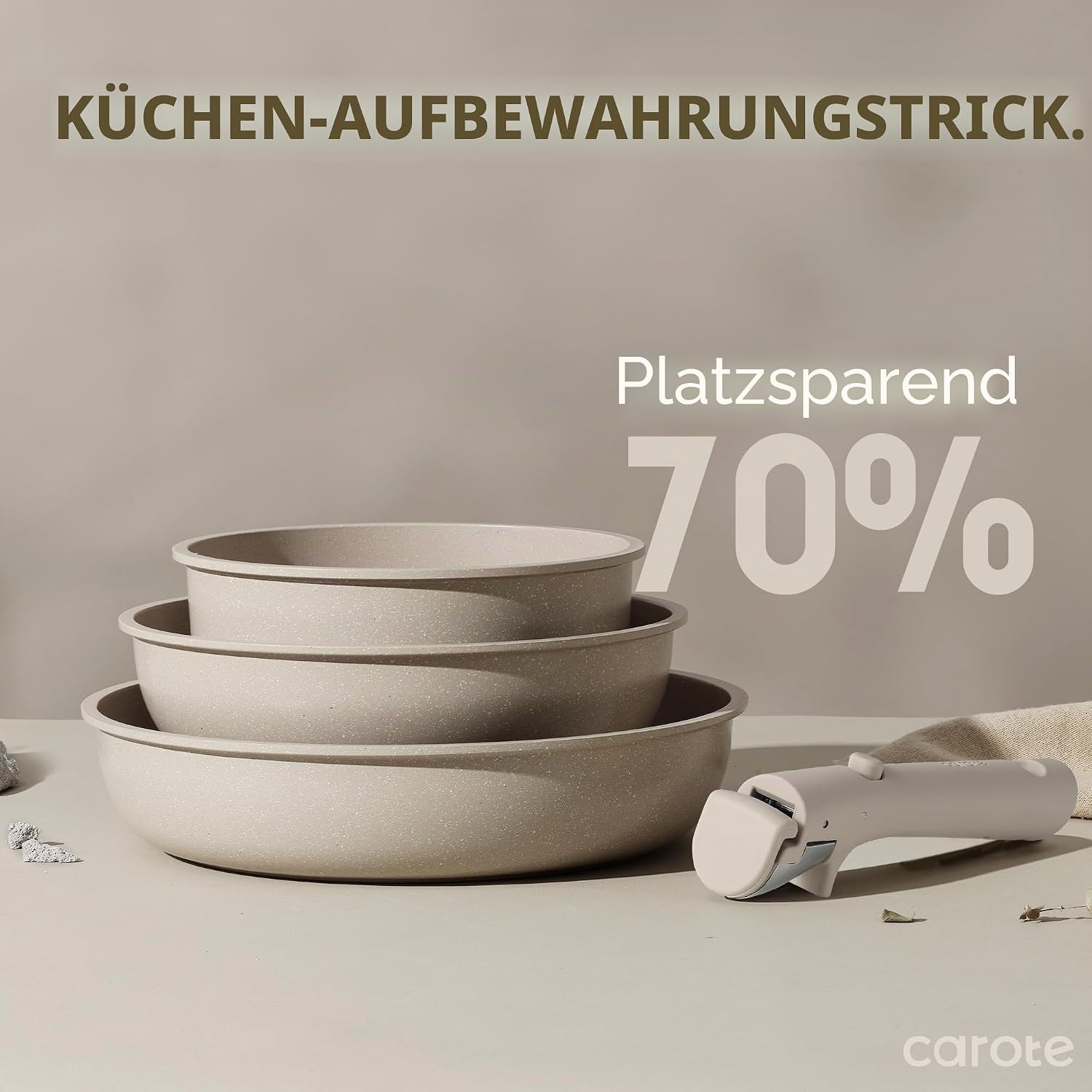 CAROTE 19-teiliges Kochtopf- und Pfannenset, antihaftbeschichtetes Kochgeschirr-Set, abnehmbarer Griff, Induktions-Küchen-Kochsets mit abnehmbarem Griff, Wohnmobil-Küche, ofenfest, Taupe – Bild 4
