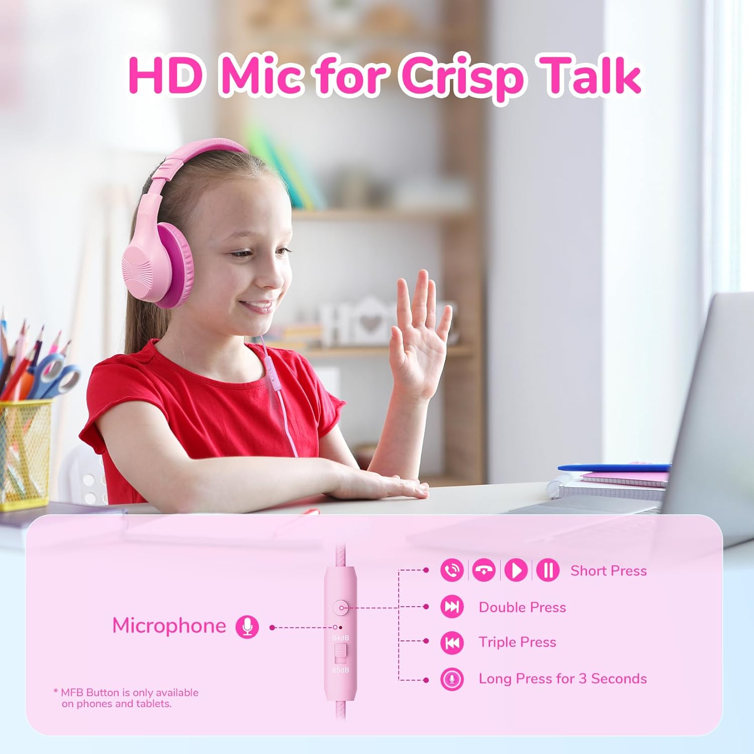 EarFun Kinderkopfhörer, Over-Ear-Kopfhörer für Kinder mit Kabel, 85/94 dB Lautstärkebegrenzer, faltbar, verstellbar, Hi-Fi-Sound, HD-Mikrofon, angenehm zu tragen, Kinderkopfhörer für Schule/Tablet – Bild 3