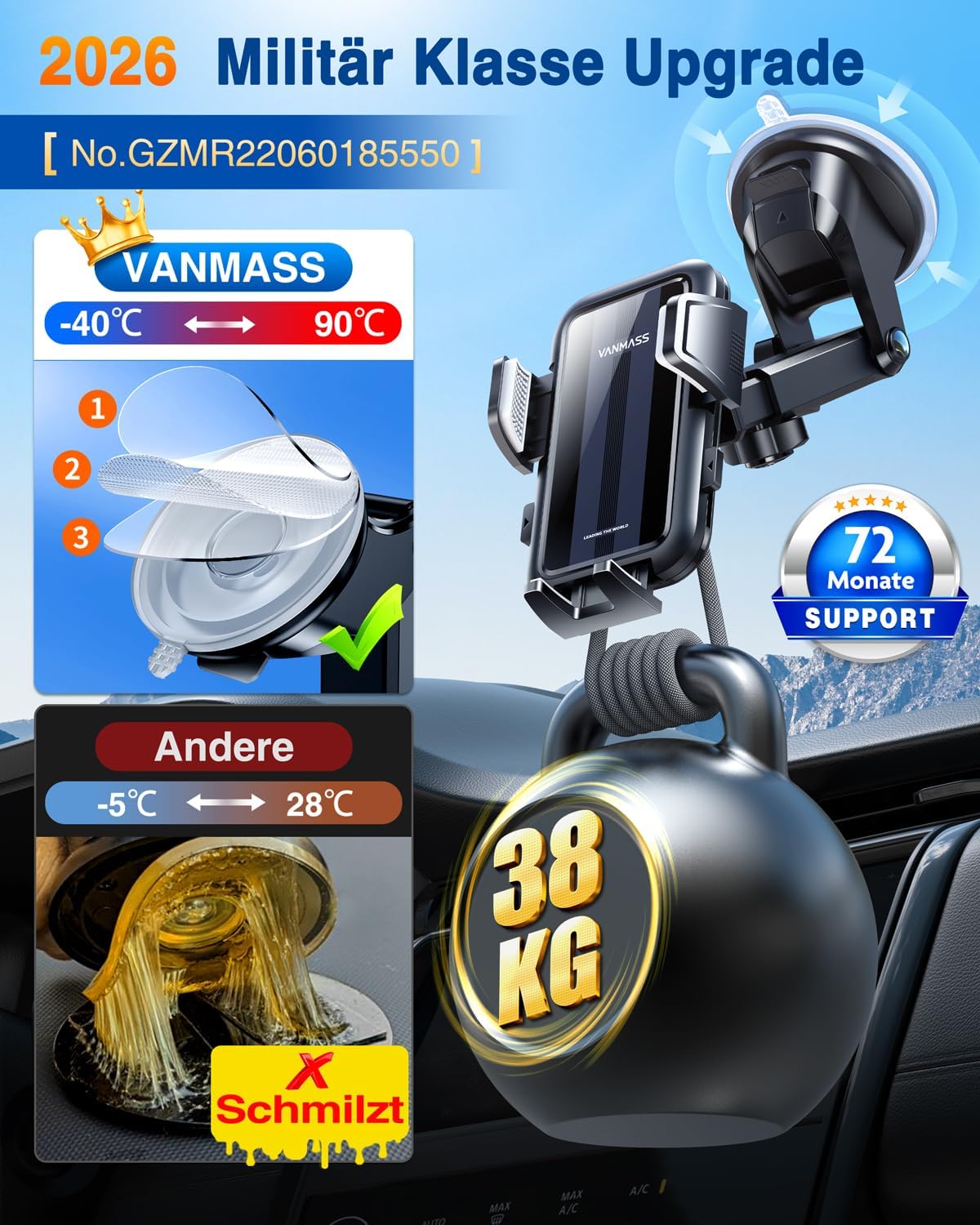 VANMASS 2026【Echte Militärklasse】Auto-Handyhalterung, Stärkster Saugnapf & Belüftungsclip, 4-in-1-Handyhalterung, Auto-Handyhalterung, 360° drehbare Autohalterung für iPhone 17 Pro Max/17 Air/16/15/14 Samsung S25 – Bild 4