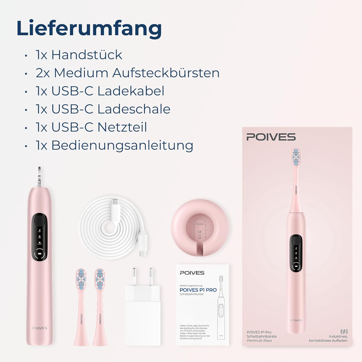 Schallzahnbürste P1 Pro Testsieger 2026 – Bestnote Sehr gut, Drucksensor schützt die Zähne, Ultraschall-Elektrozahnbürste, Perlmuttrosa – Bild 8