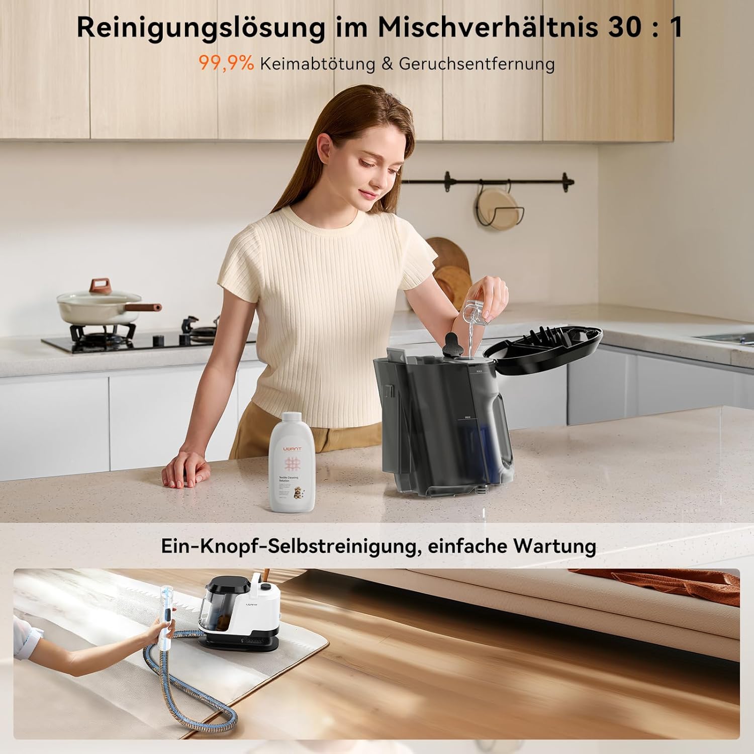 Uwant Y100 Dampf-Polsterreinigungsgerät, 3-in-1-Nasssauger für Sofa, Teppich und Auto mit 18 kPa, 100 °C heißem Dampf, 65 °C heißem Wasser, kaltem Wasser, selbstreinigend, Multi-Bürstenkopf und 500 ml Teppich – Bild 8