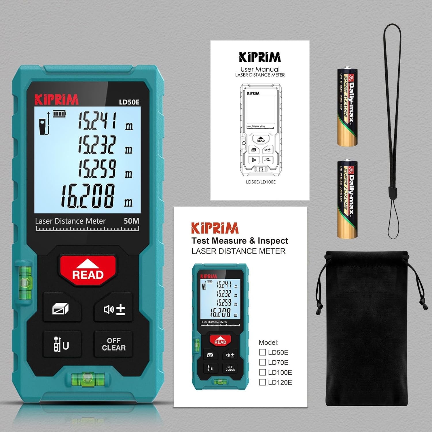 Kiprim Laser-Entfernungsmesser LD50E, hohe Genauigkeit, 50 m, Laser-Maßband, kompaktes Lasermessgerät mit großem hintergrundbeleuchtetem LCD-Display, ft/m/in-Umschaltung, Wasserwaage – Bild 8