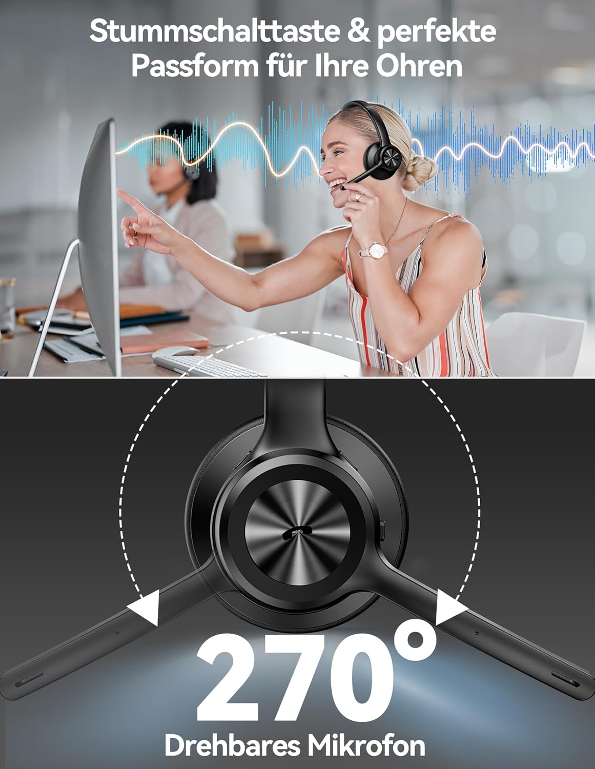 TECKNET V5.2 Bluetooth-Headset mit Mikrofon, kabelloses Headset mit Geräuschunterdrückung und Stummschaltung des Mikrofons, wiederaufladbare On-Ear-Kopfhörer kabellos für Trucker/Callcenter/Büro – 50+ Stunden Akku – Bild 4