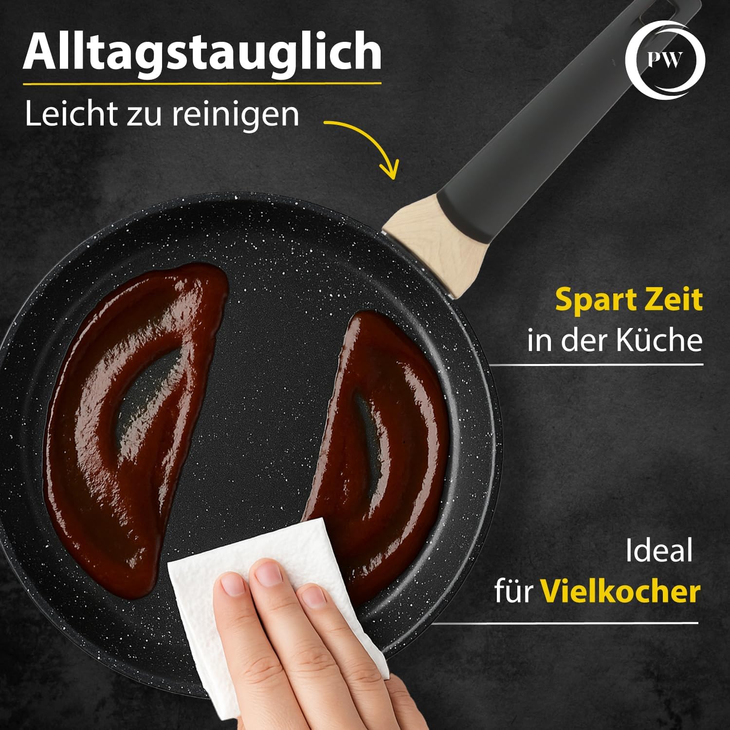 Pela Welle Induktions-Pfannenset, 3 beschichtete Pfannen mit 2 Deckeln, schwarz, Bratpfanne Induktion (5-teilig aus Keramik), Pfannenset mit Deckel, Pfanne ohne PFOA, PFAS, PTFE, Bratpfanne beschichtet – Bild 6