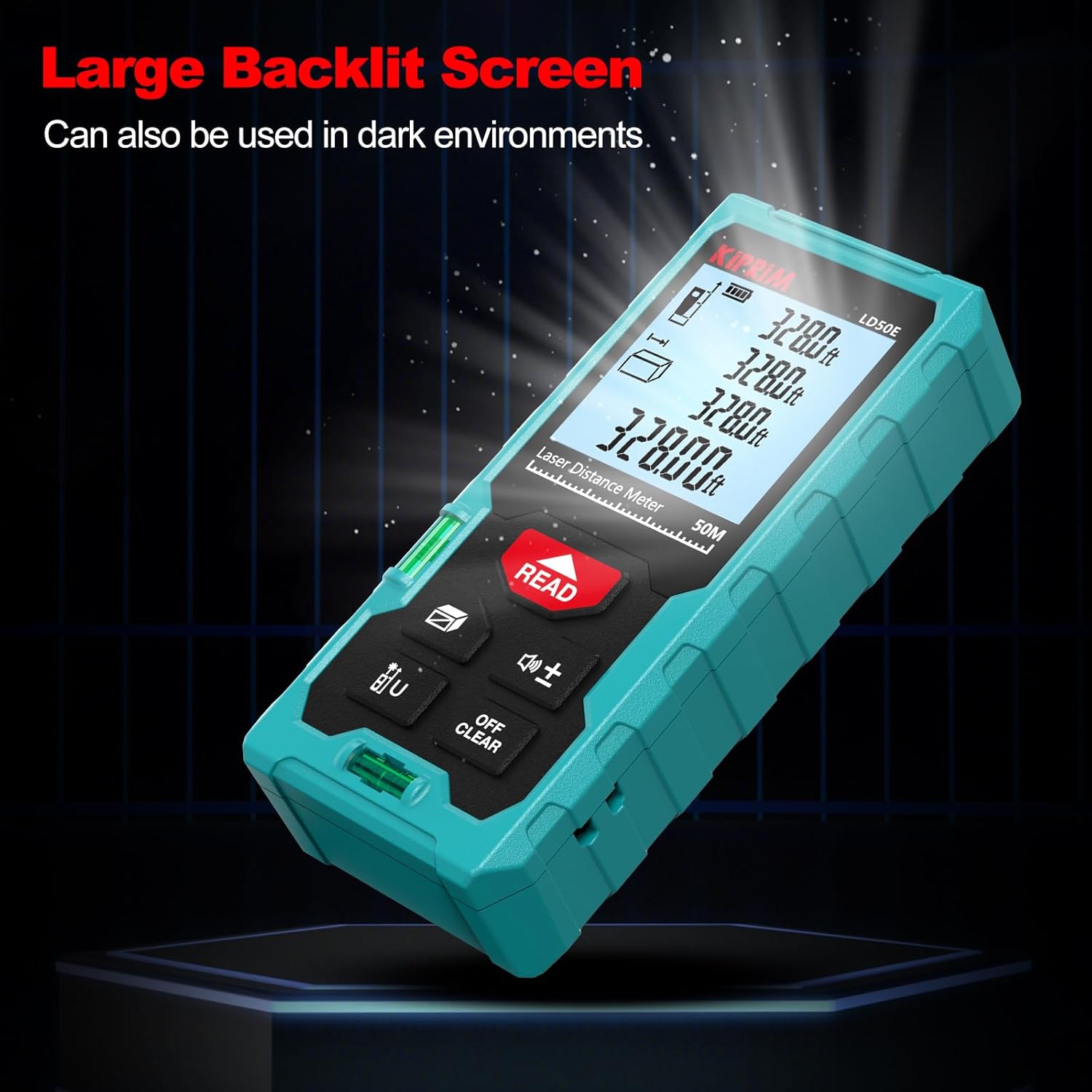 Kiprim Laser-Entfernungsmesser LD50E, hohe Genauigkeit, 50 m, Laser-Maßband, kompaktes Lasermessgerät mit großem hintergrundbeleuchtetem LCD-Display, ft/m/in-Umschaltung, Wasserwaage – Bild 6