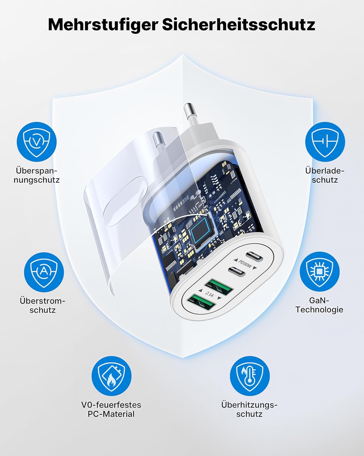 USB C Ladegerät, 4 Ports Mehrfachstecker 60W USB C Power Adapter USB Stecker PD 3.0 Schnellladegerät Netzteil USB Schnellladestecker für iPhone 16 15 14 13 12 11 Pro Max, iPad, Samsung, Mobiltelefone – Bild 5