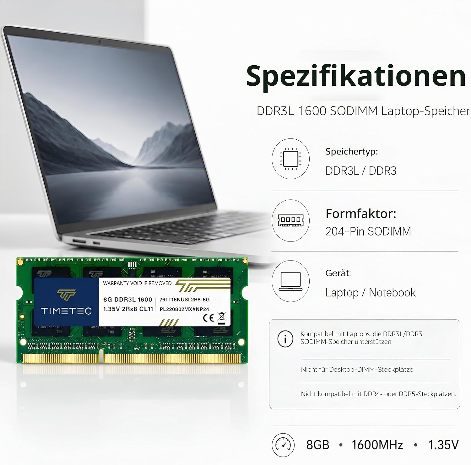 Timetec Hynix IC 8 GB DDR3L 1600 MHz PC3-12800 ungepuffert Non-ECC 1,35 V CL11 2Rx8 Dual Rank 204 Pin SODIMM Laptop Notebook Computer Speicher RAM Modul Upgrade (8 GB) – Bild 8