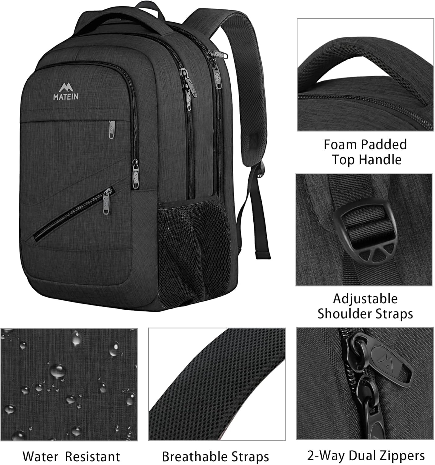 MATEIN Herren Laptop Rucksack 17 Zoll Wasserdicht Arbeitsrucksack Herren Groß Laptop Rucksack Diebstahlsicher Schulrucksack Teenager Laptop Rucksack Arbeit Business Schule Schwarz – Bild 4