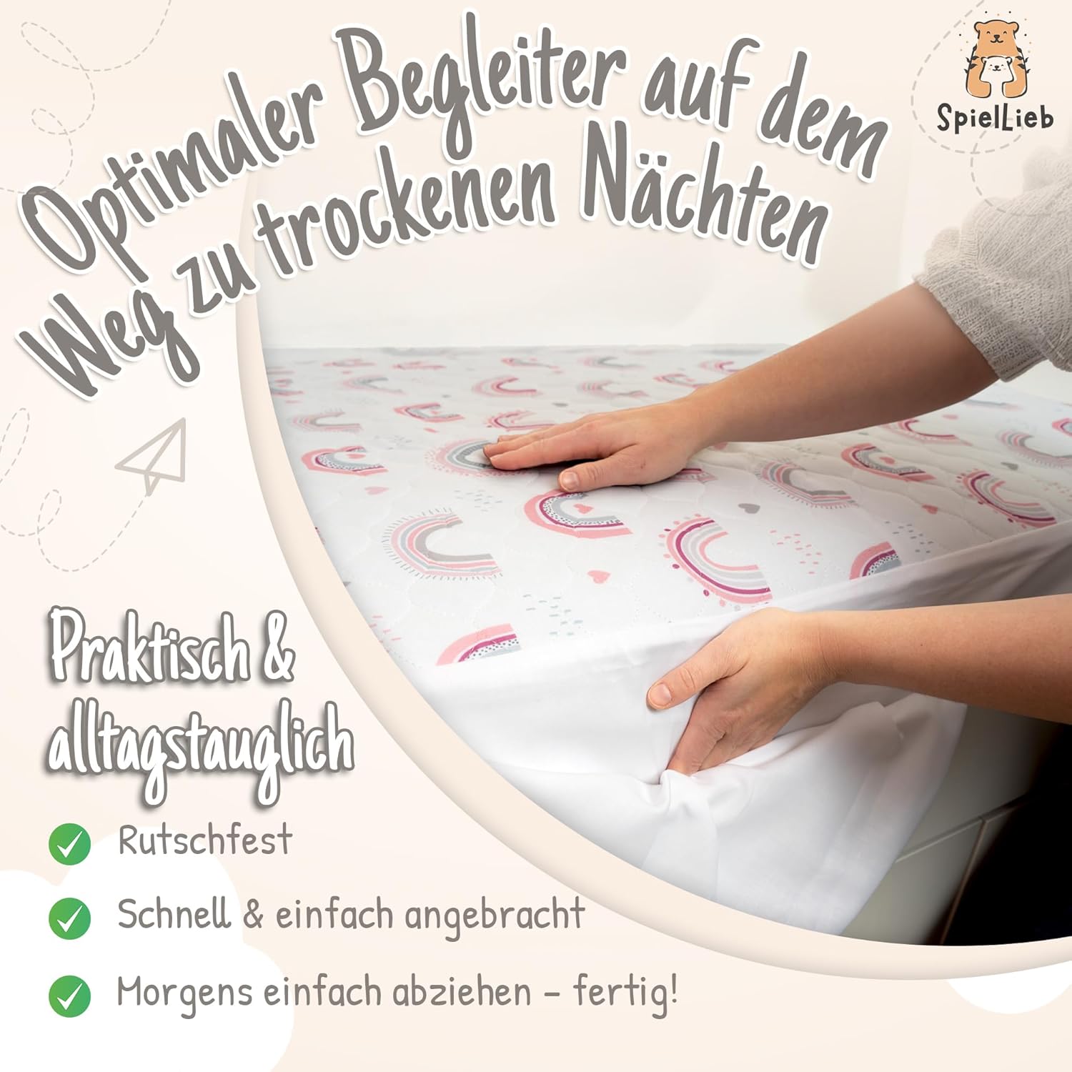 SpielLieb wasserdichte Kinderbettunterlage, atmungsaktive Inkontinenzunterlage, waschbar mit Pucktuch, Öko-Tex-zertifiziert, perfekt für deutsche Einzel- und Kinderbetten (Regenbogen) – Bild 4